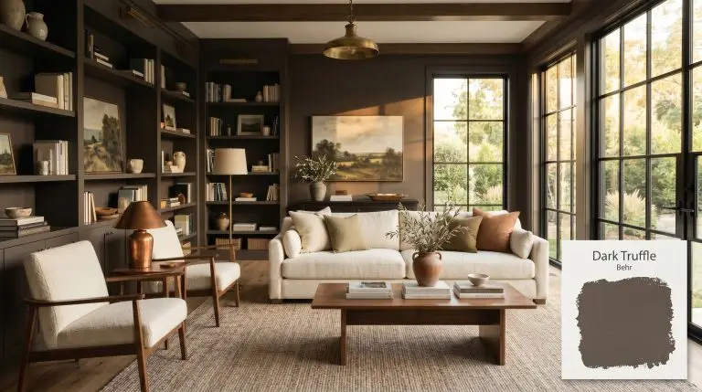 A modern transitional living room features built-in bookcases painted in Behr Dark Truffle (Hex #594d46), domestic walnut furniture, and a cream chenille sofa.