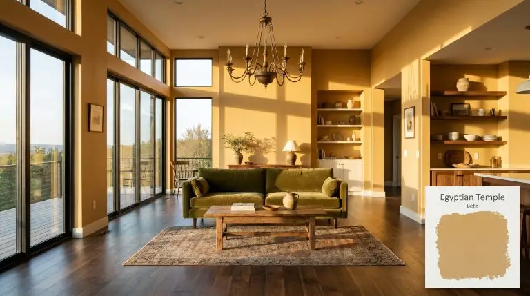 A plush olive green velvet sofa and aged bronze chandelier sit within an open-plan lounge painted Behr Egyptian Temple (Hex #d6b378) featuring dark walnut flooring.