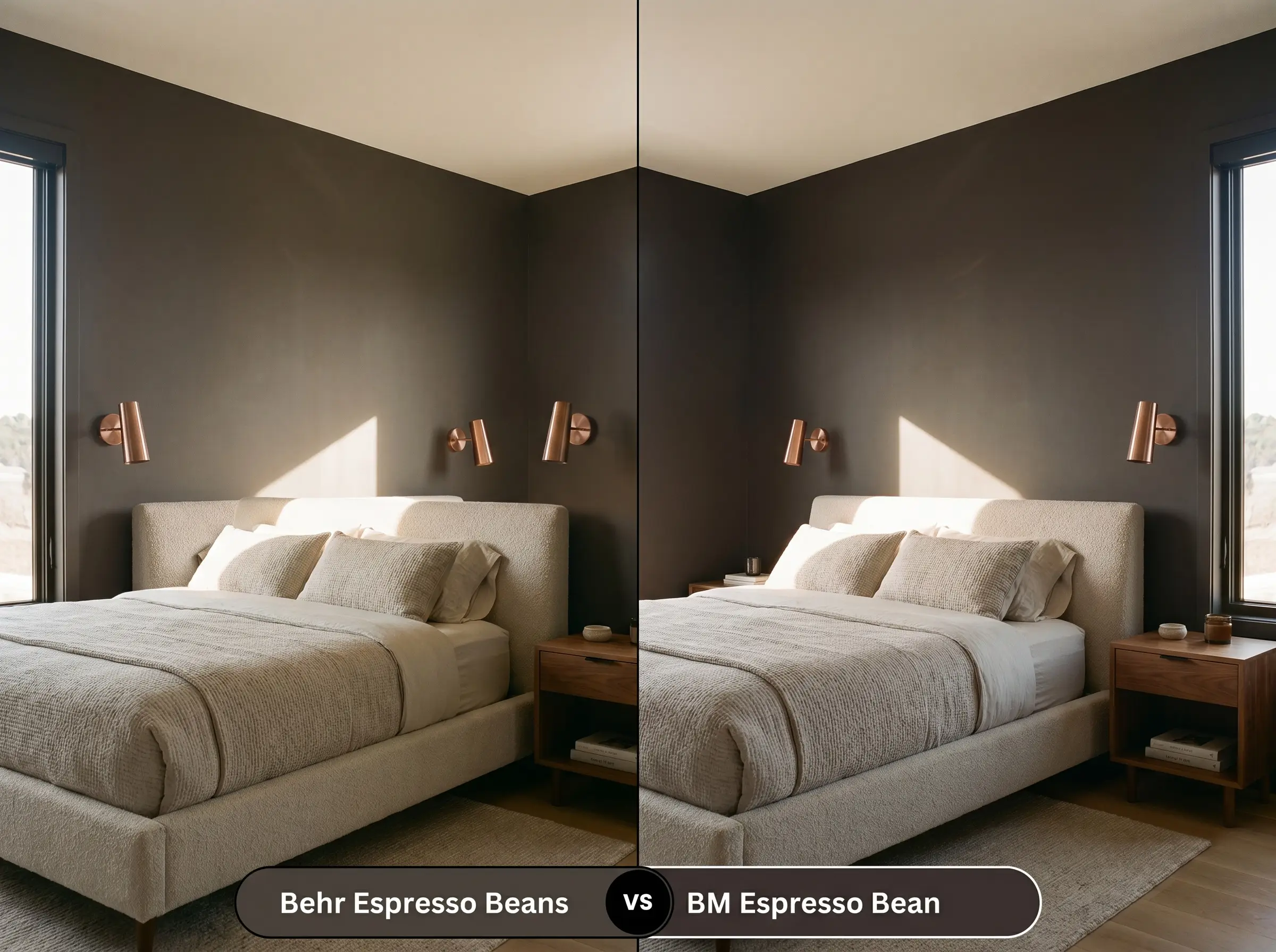 A side-by-side split-screen comparison of Behr Espresso Beans on the left and Benjamin Moore Espresso Bean on the right, shown in a South-facing bedroom with brushed copper wall sconces.