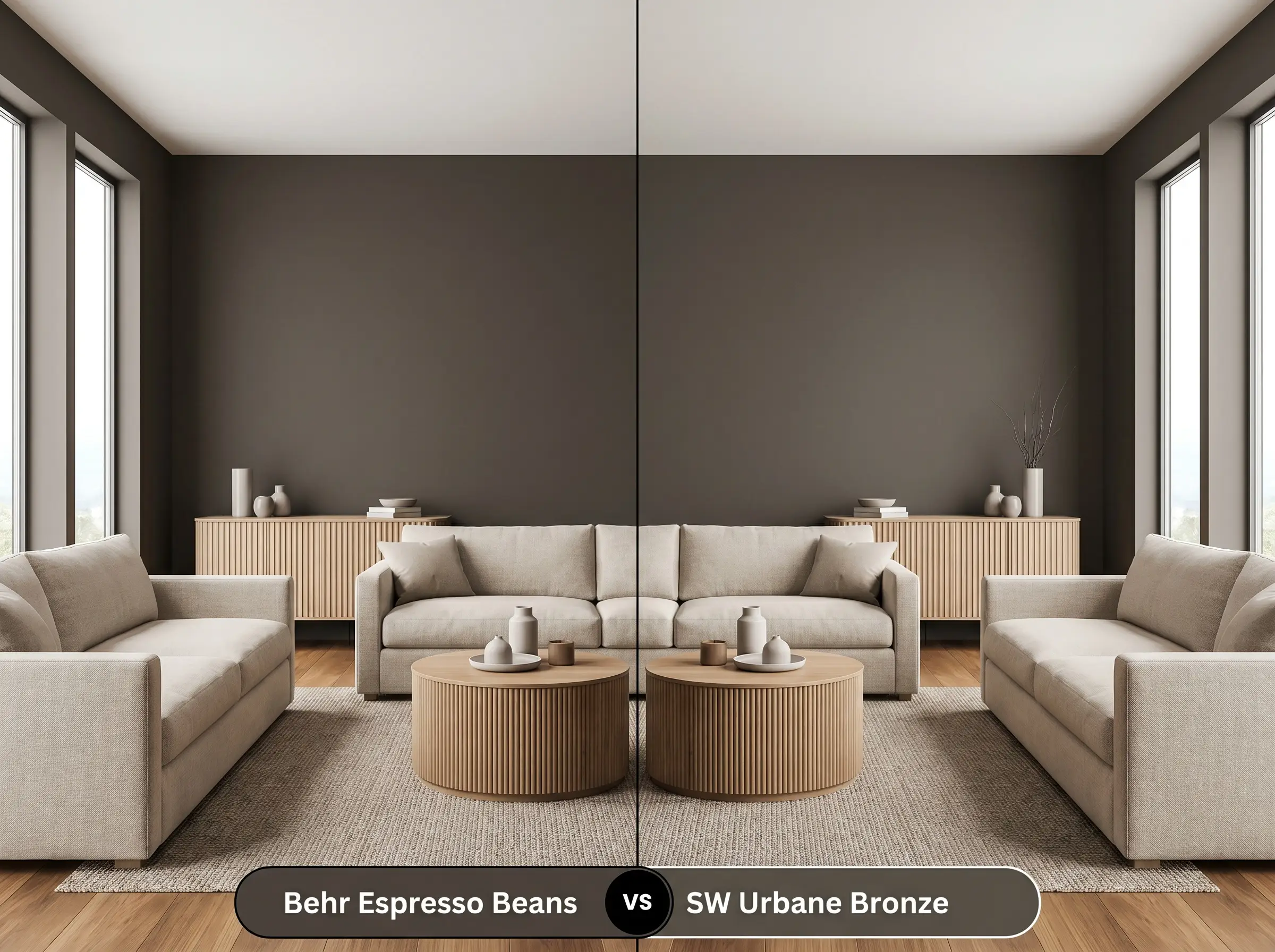 A side-by-side split-screen comparison of Behr Espresso Beans on the left and Sherwin-Williams Urbane Bronze on the right, shown in a modern living room featuring fluted white oak furniture.