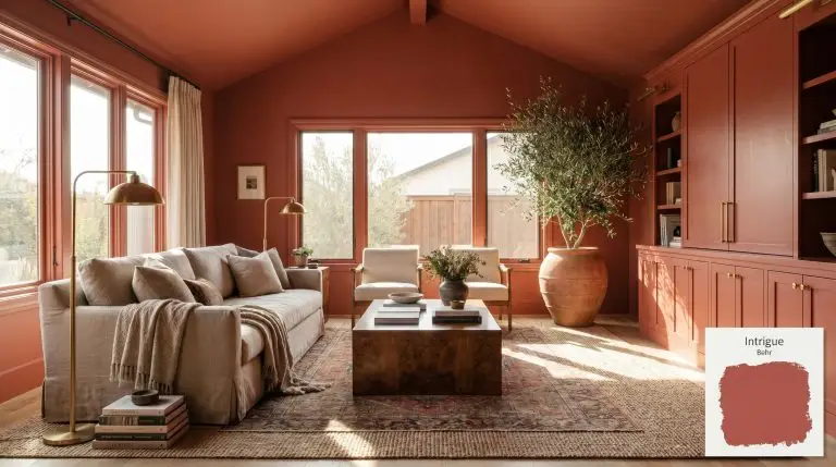 A sun-drenched transitional lounge features vaulted ceilings and built-in millwork color-drenched in Behr Intrigue (Hex #be4b47), surrounding a washed linen sofa and burled walnut table.