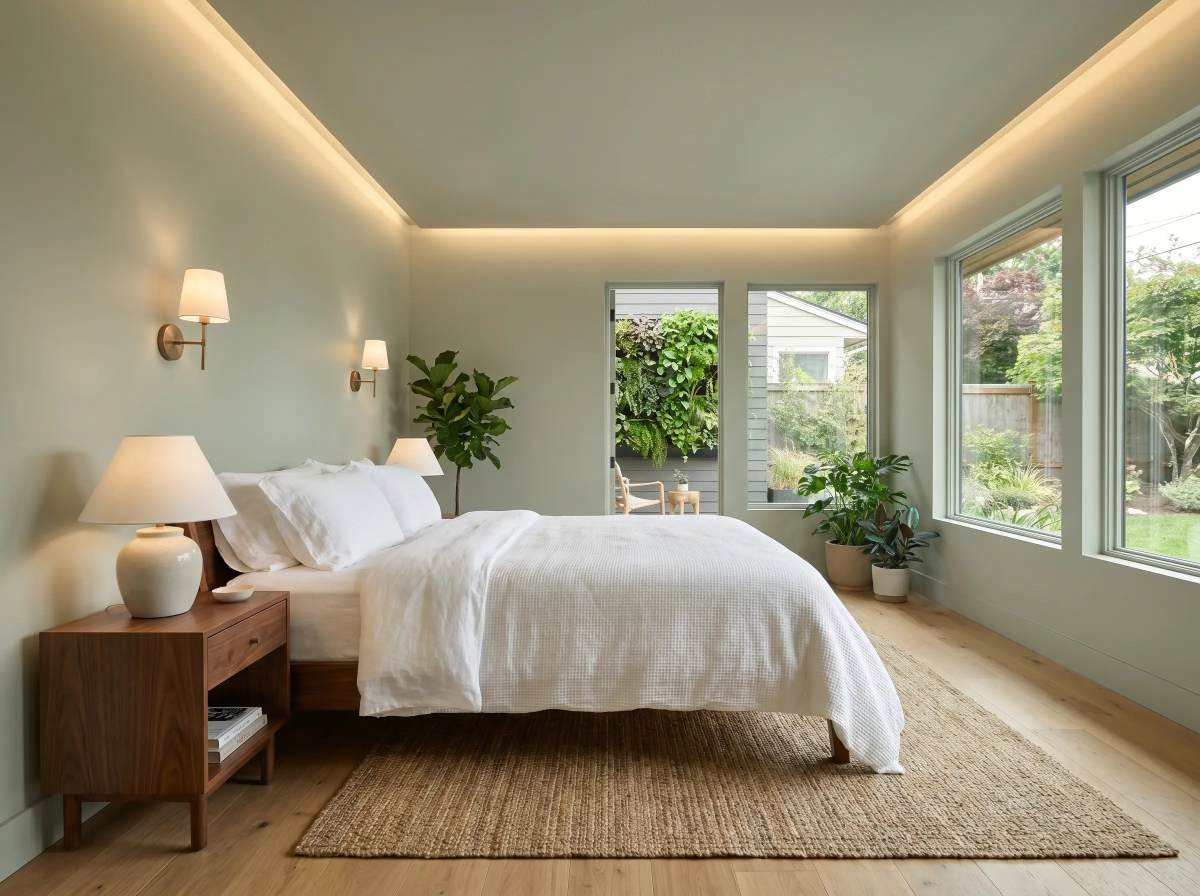 A restorative bedroom features walls and baseboards painted in Behr Jojoba (Hex #b0b9a6), complemented by a warm walnut nightstand, crisp white linen sheets, and natural oak flooring.