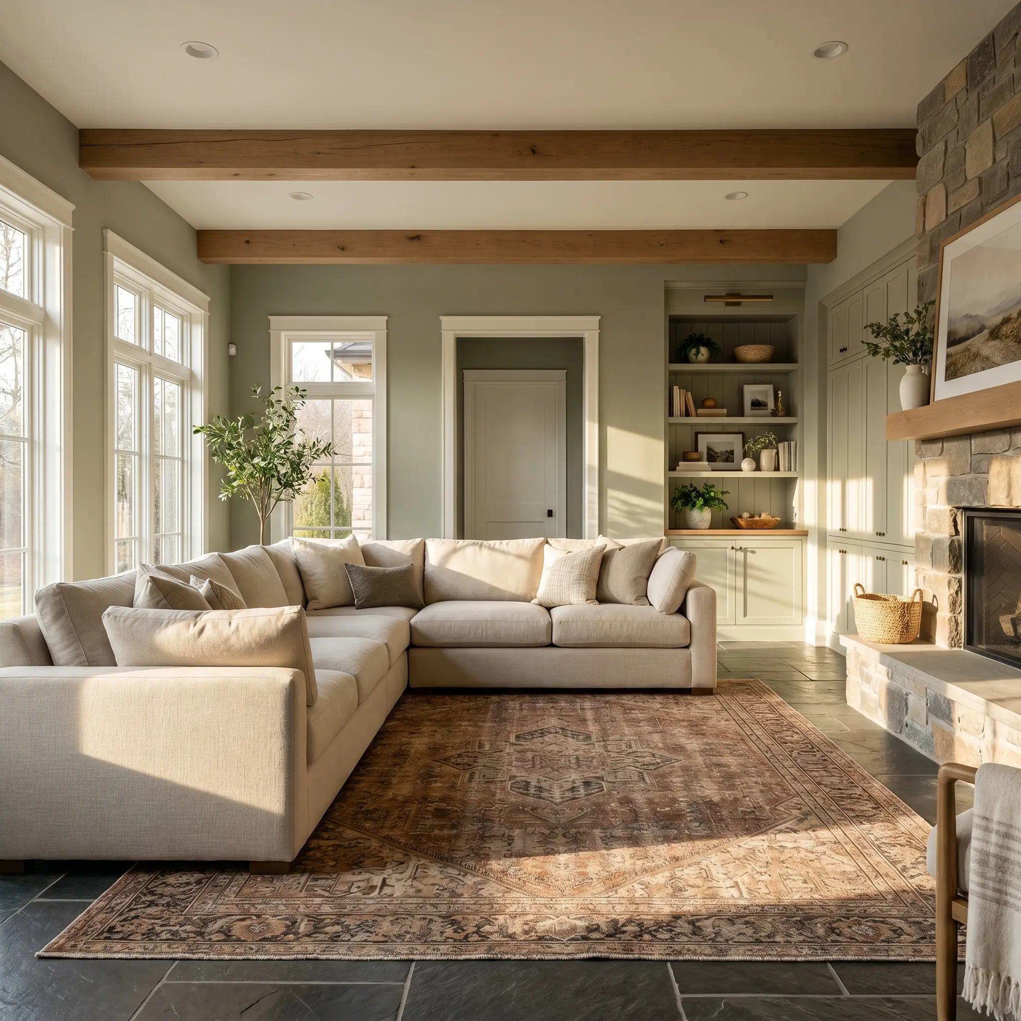 An elegant living room pairs main walls painted in Behr Jojoba (Hex #b0b9a6) with a large plush neutral sectional, a warm-toned vintage patterned rug, and dark stone flooring.