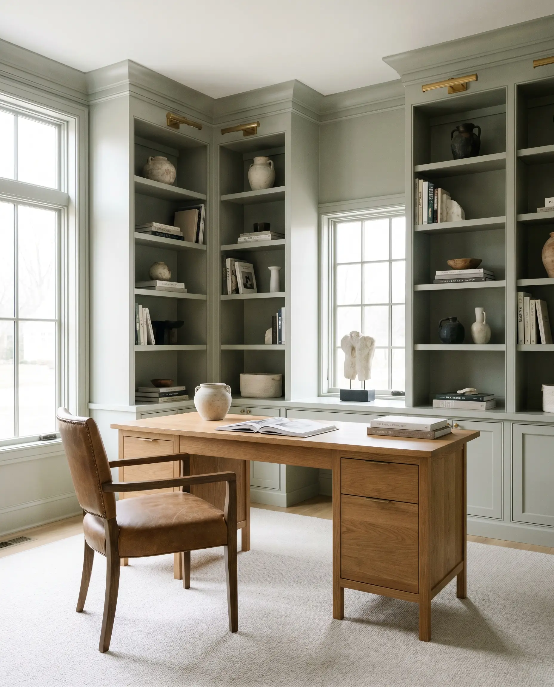 Built-in bookshelves and walls painted in Behr Jojoba (Hex #b0b9a6) surround a warm oak desk, a tailored leather chair, and shelves filled with books and ceramics.