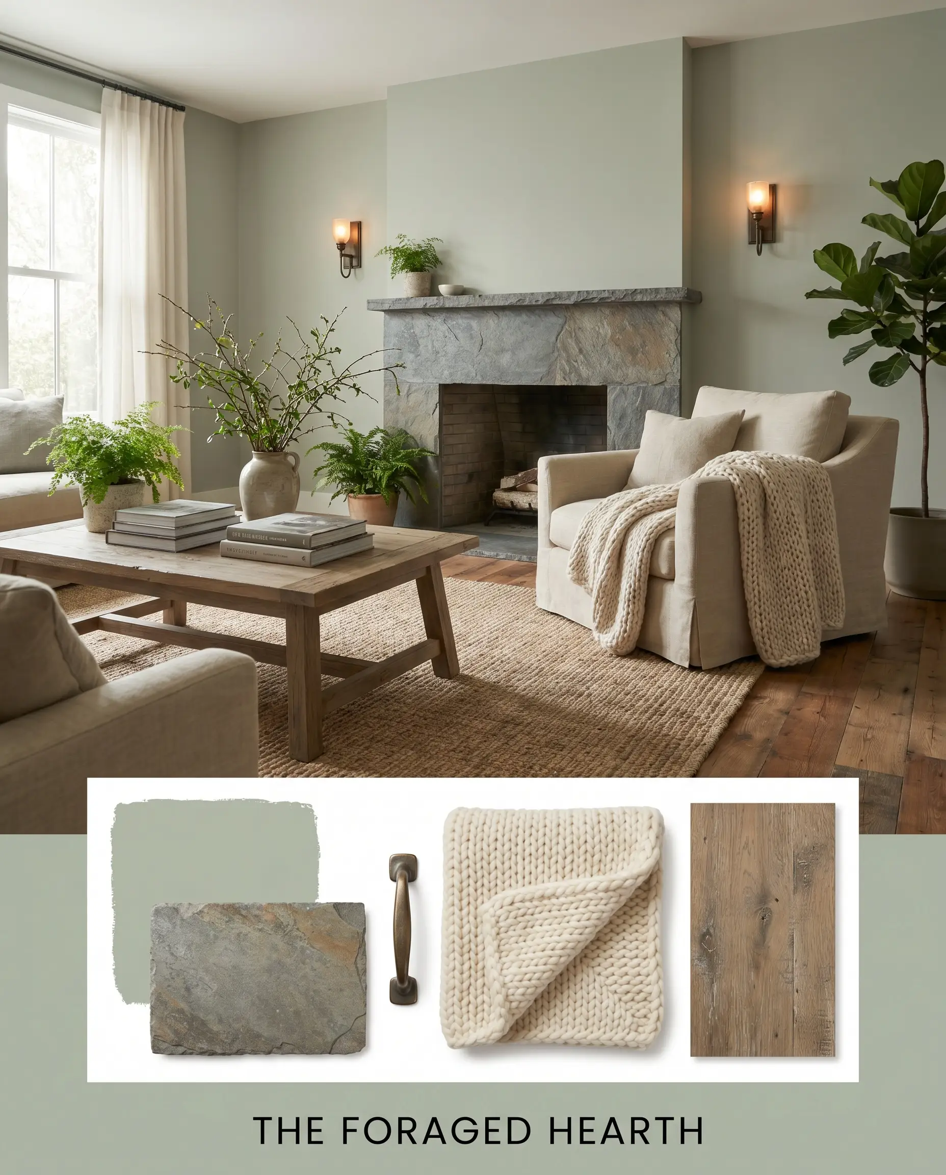An editorial concept board presents a quiet retreat living space with walls painted in Behr Jojoba (Hex #b0b9a6), paired with a flat-lay of rugged honed slate, antiqued bronze hardware, chunky hand-knit wool, and weathered oak.