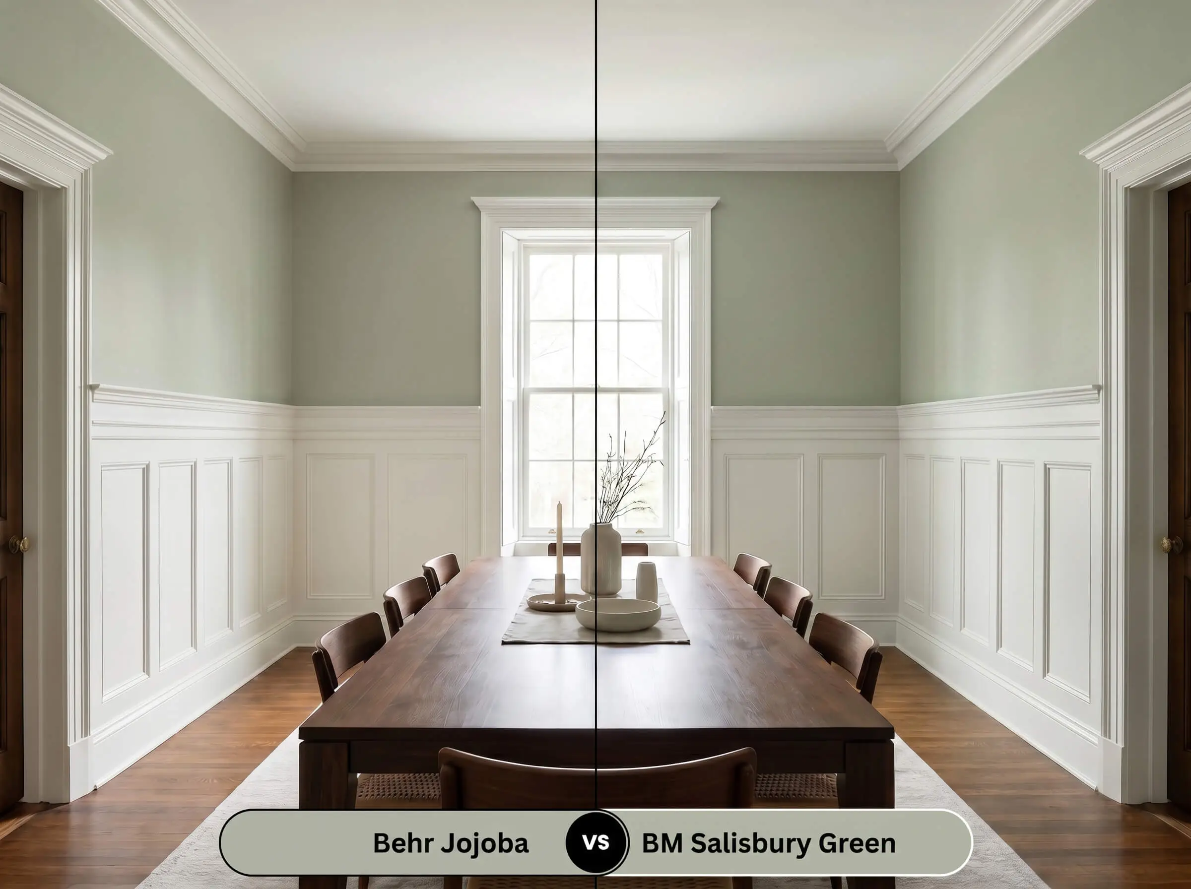 A side-by-side split-screen comparison of Behr Jojoba on the left and Benjamin Moore Salisbury Green on the right, shown in a historic dining room featuring traditional wainscoting and a dark walnut dining table.