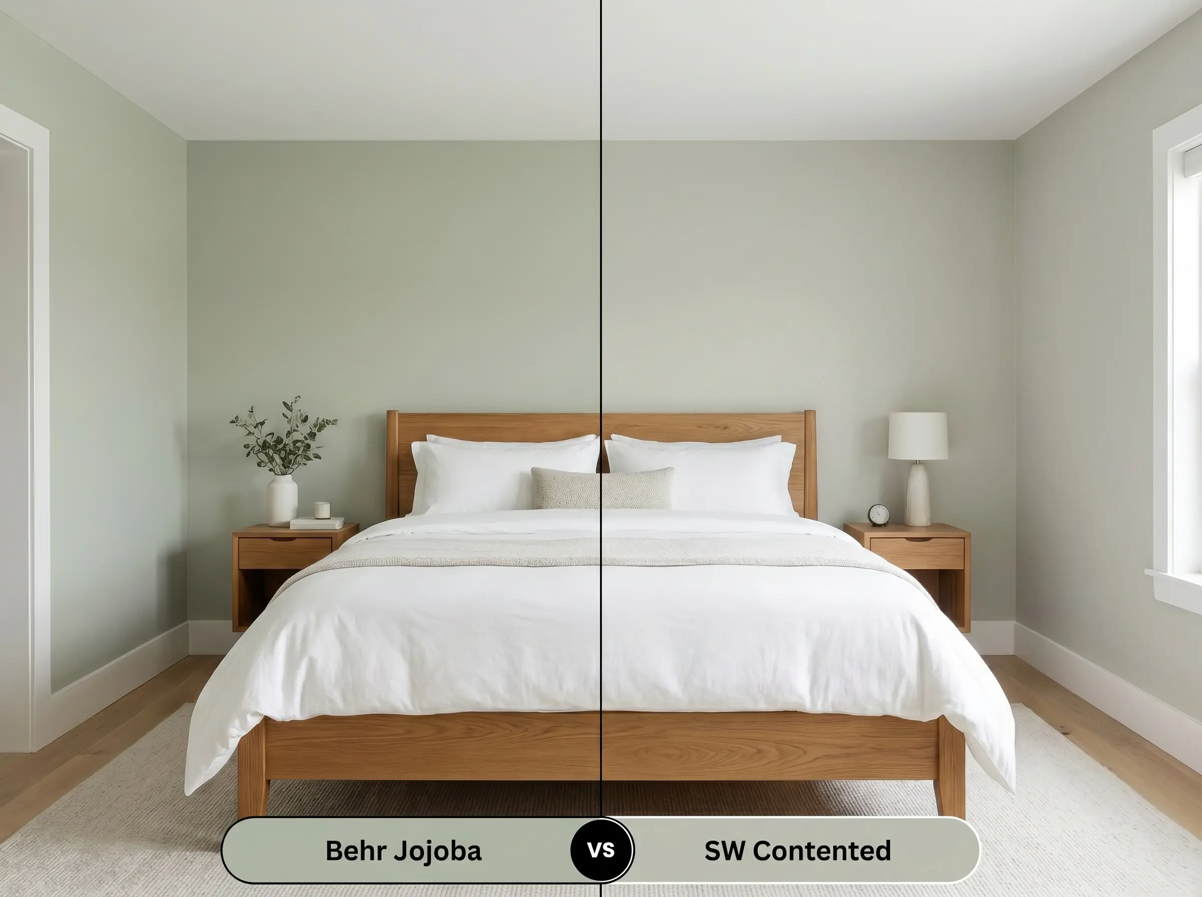 A side-by-side split-screen comparison of Behr Jojoba on the left and Sherwin-Williams Contented on the right, shown in a serene bedroom featuring a warm oak bed frame and crisp white bedding.
