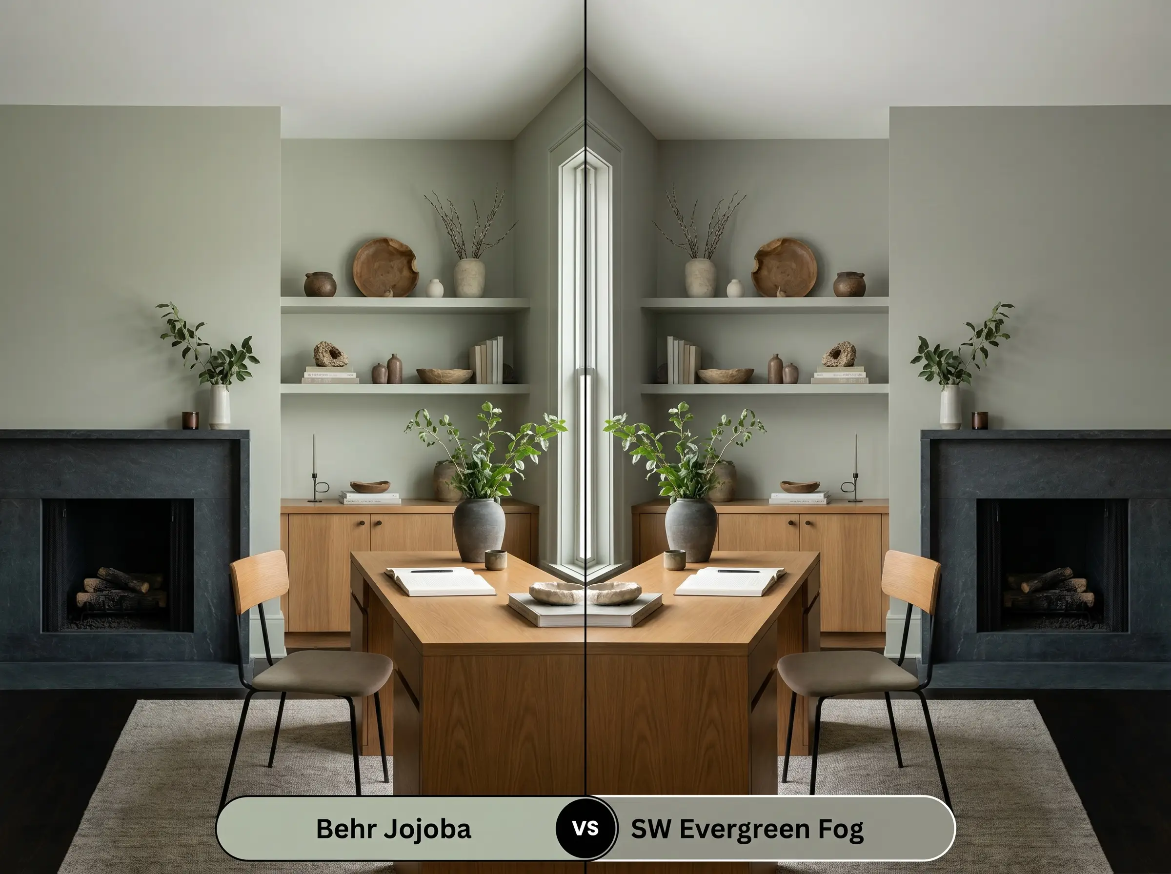 A side-by-side split-screen comparison of Behr Jojoba on the left and Sherwin-Williams Evergreen Fog on the right, shown in a moody home office featuring a dark stone fireplace surround and a warm oak desk.