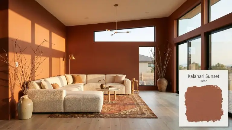 A low-profile boucle sectional and vintage kilim rug anchor an open-concept living space painted in Behr Kalahari Sunset (Hex #9f5440) featuring bleached oak flooring.