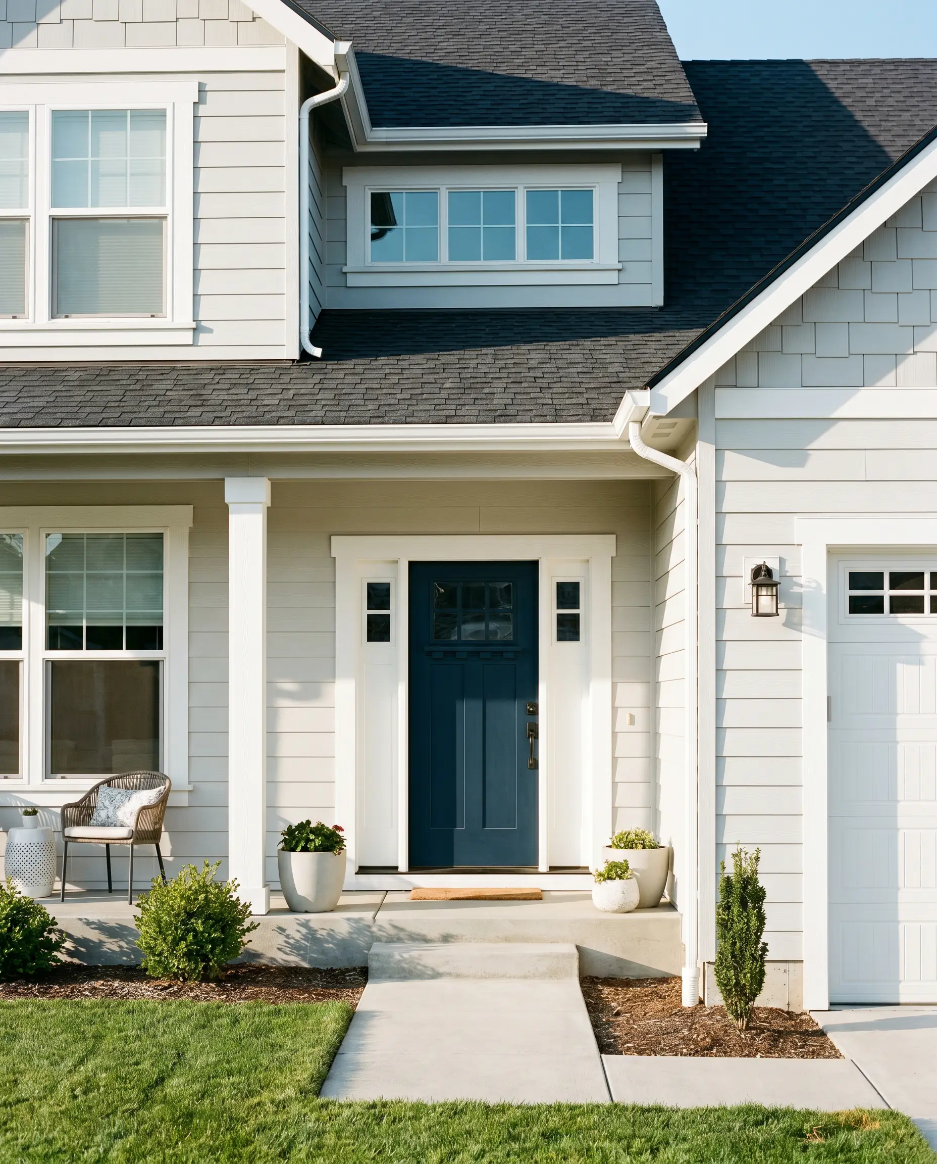 A classic American home exterior features a front door painted in Behr Midnight Blue (Hex #4c565e) framed by crisp white molding.