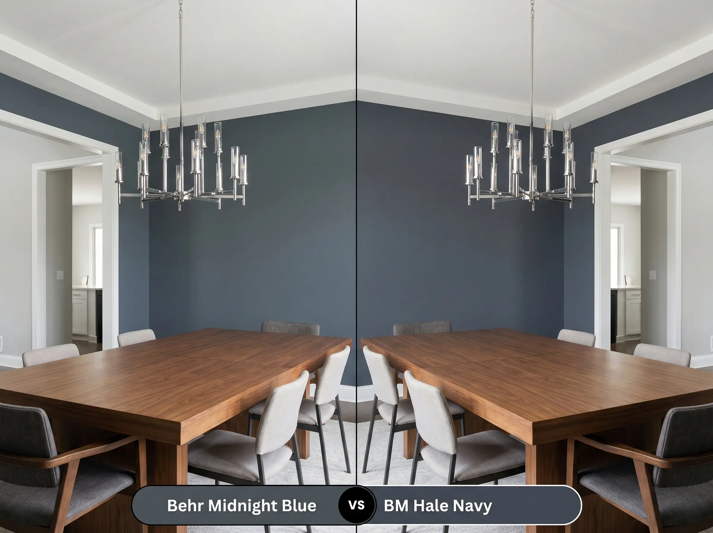 A side-by-side split-screen comparison of Behr Midnight Blue on the left and Benjamin Moore Hale Navy on the right, shown in a minimalist dining room with a walnut table.