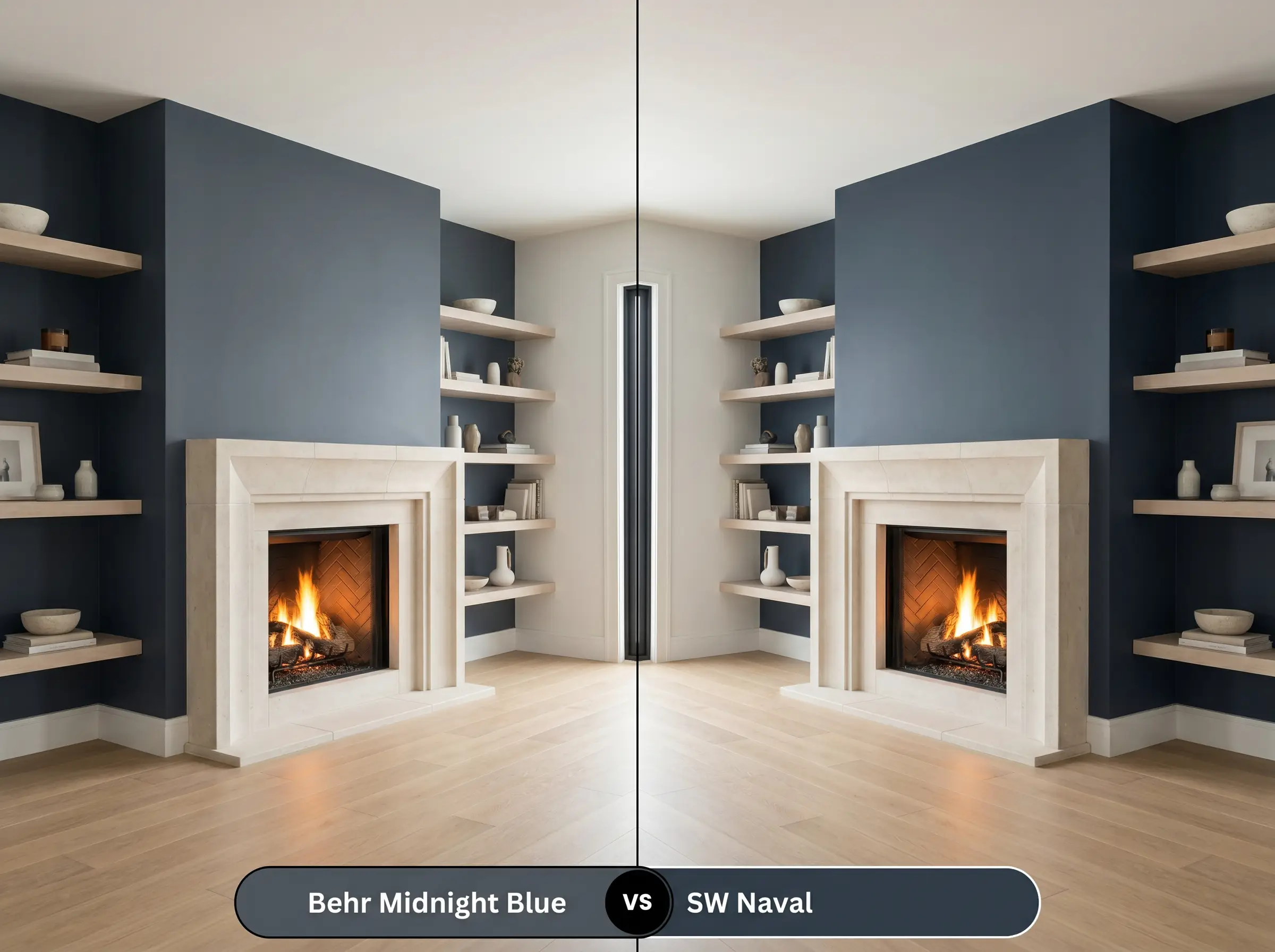 A side-by-side split-screen comparison of Behr Midnight Blue on the left and Sherwin-Williams Naval on the right, shown in a modern living room featuring a tumbled limestone fireplace.