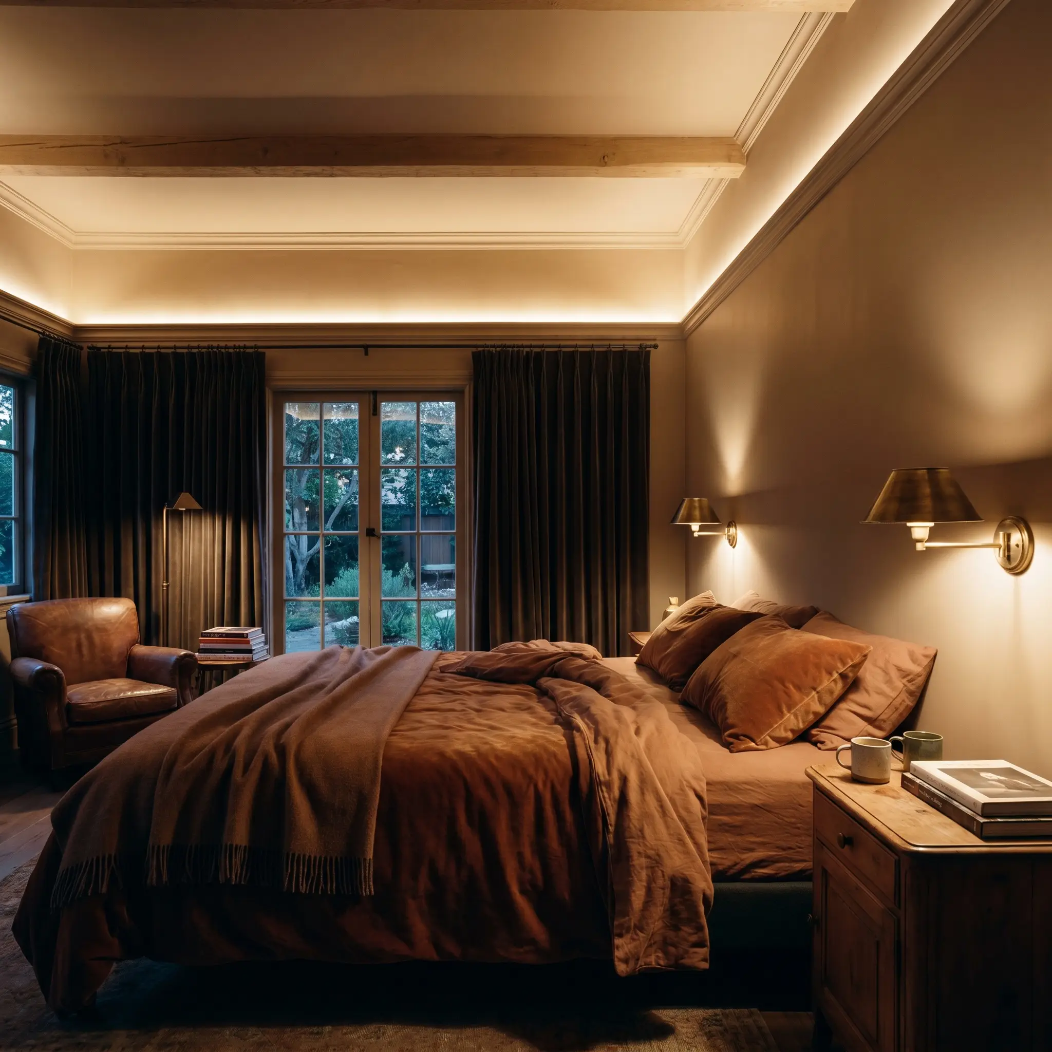 Heavy velvet drapery and a plush bed frame a moody, restorative bedroom enveloped in warm taupe walls with a matte finish.