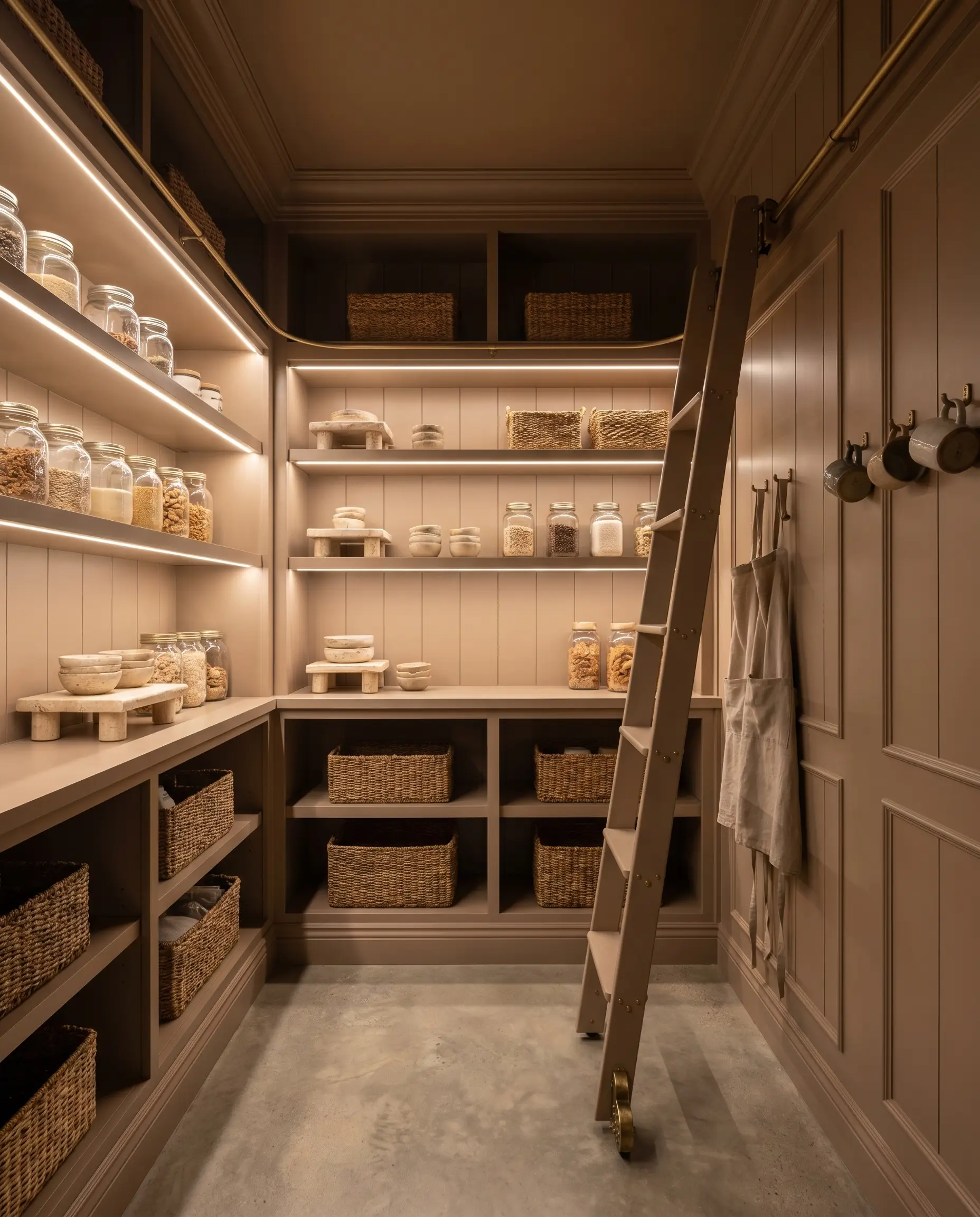 Woven baskets and clear glass jars line the shelves of a sophisticated walk-in pantry completely color-drenched in warm, earthy beige.