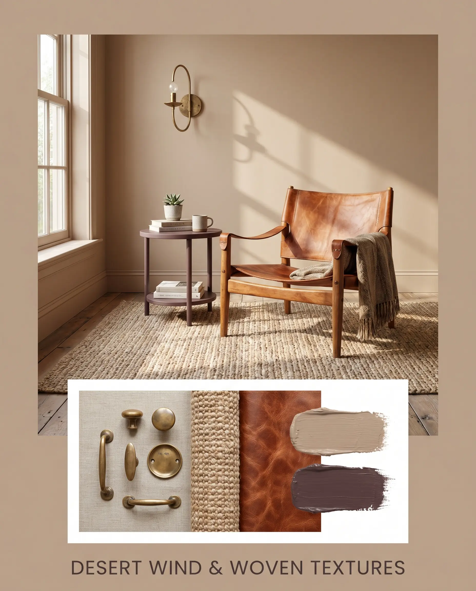 An editorial concept board features a sun-baked living space with a vintage cognac leather sling chair above a flat-lay of woven jute and brass materials.