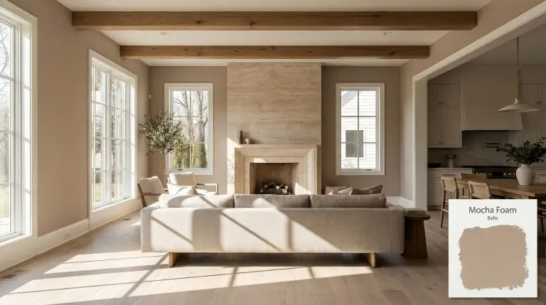 An expansive organic modern living space features walls painted in Behr Mocha Foam (Hex #bba28e), a tumbled travertine fireplace, and raw timber ceiling beams.