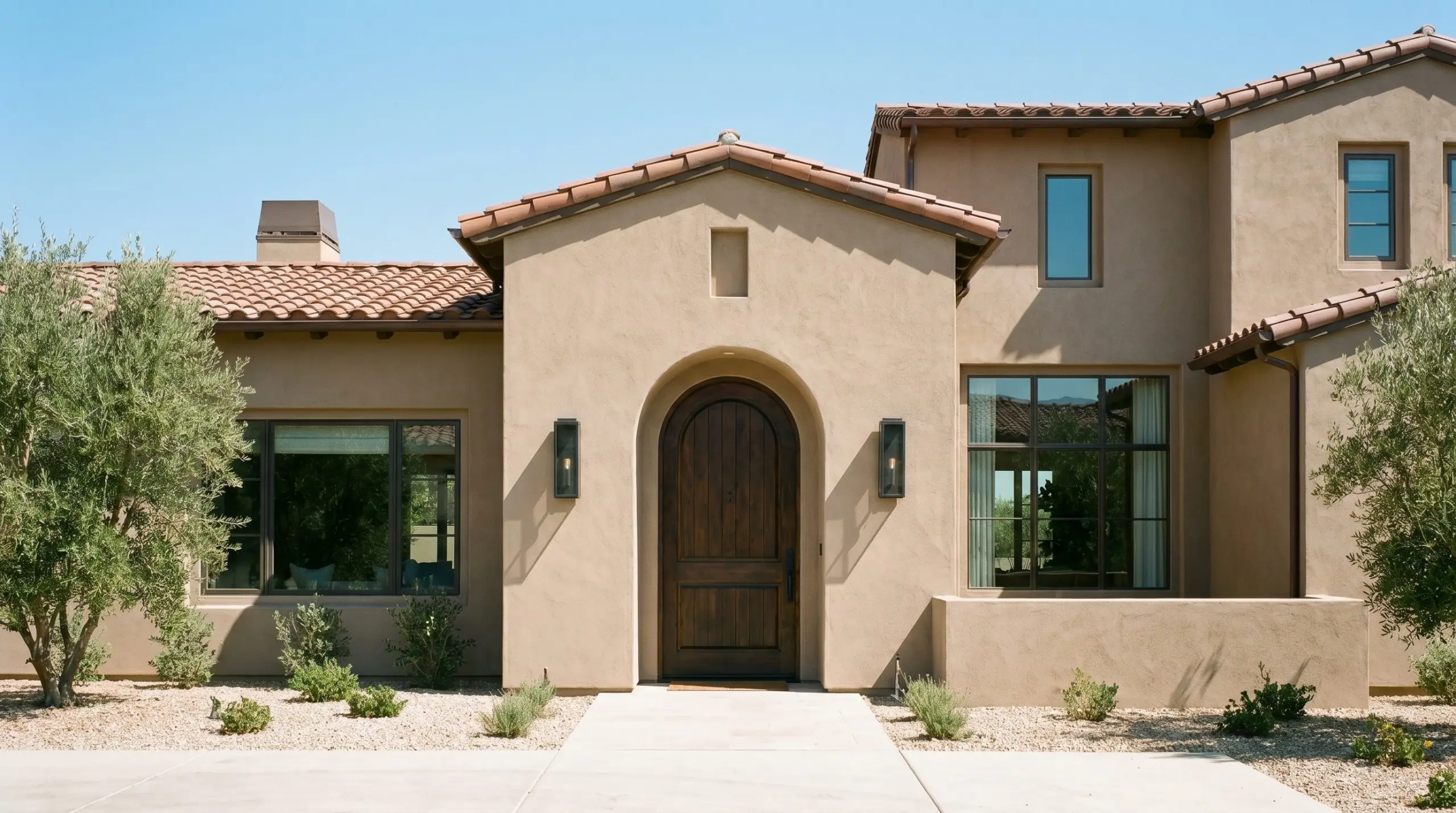 A modern Mediterranean home features a heavy solid wood front door and textured exterior stucco painted in Behr Mocha Foam (Hex #bba28e).