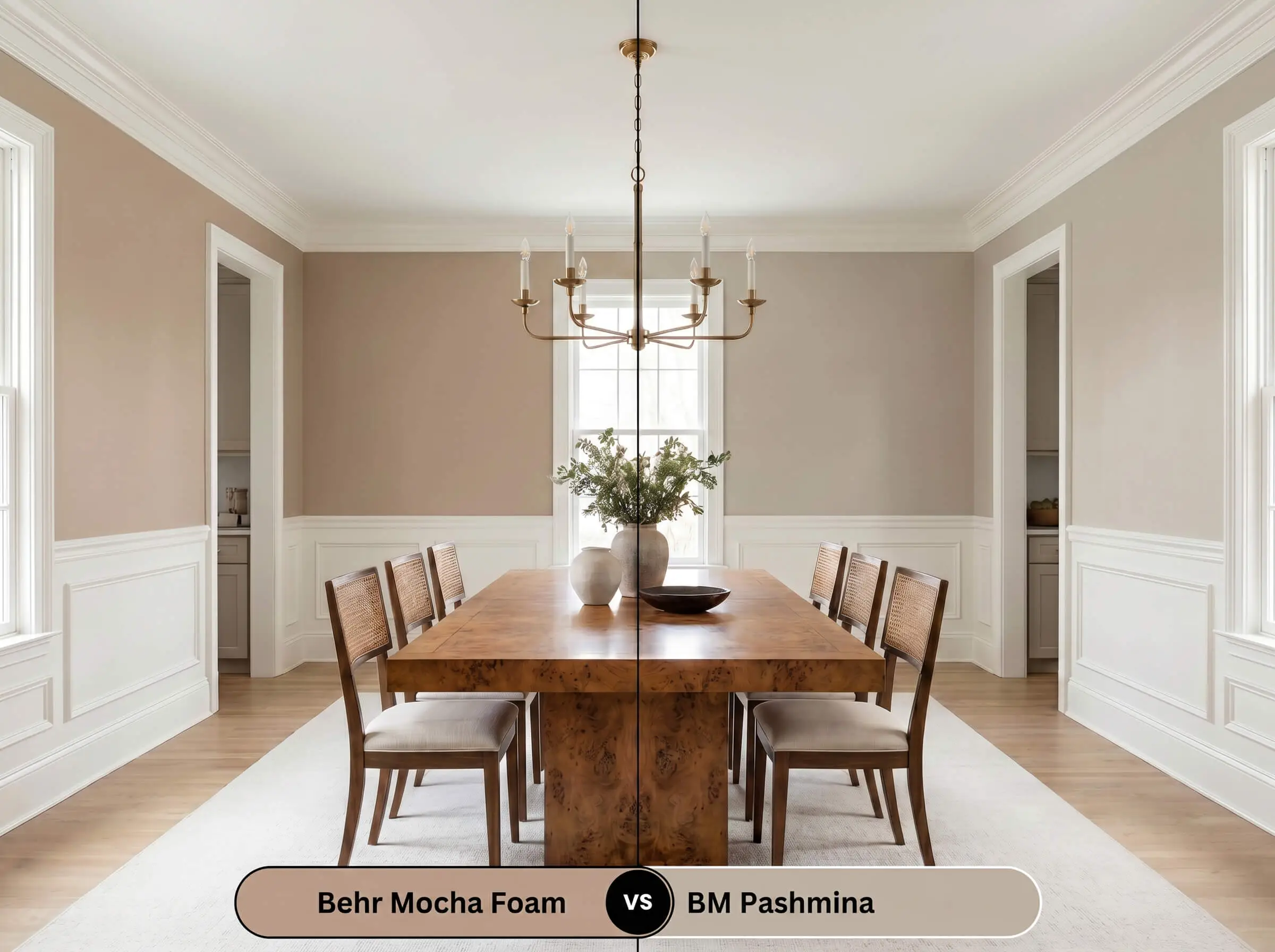 A side-by-side split-screen comparison of Behr Mocha Foam on the left and Benjamin Moore Pashmina on the right, shown in a tailored traditional dining room with a burl wood table.