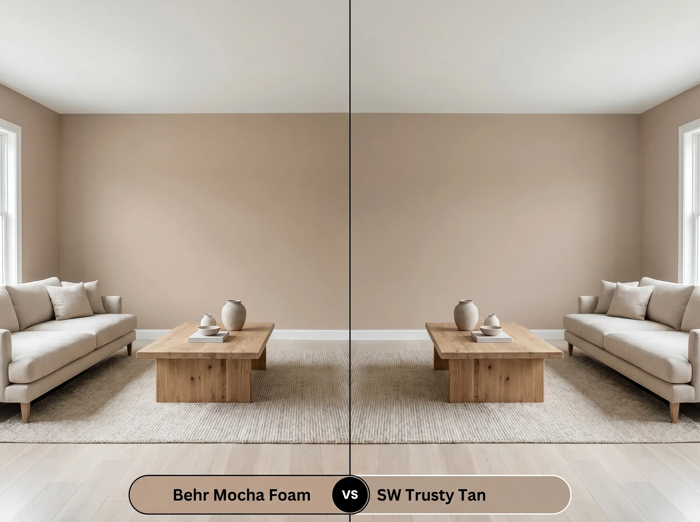 A side-by-side split-screen comparison of Behr Mocha Foam on the left and Sherwin-Williams Trusty Tan on the right, shown in an organic modern living room with a linen sofa.