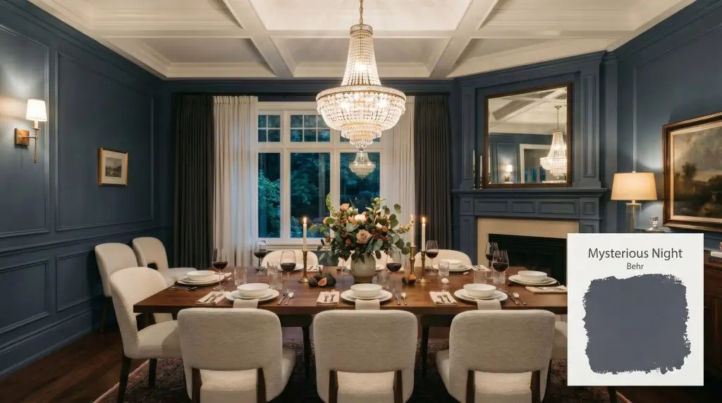 A rich walnut dining table and cream boucle chairs sit beneath a glittering glass chandelier in a formal dining room painted Behr Mysterious Night (Hex #5c6070).