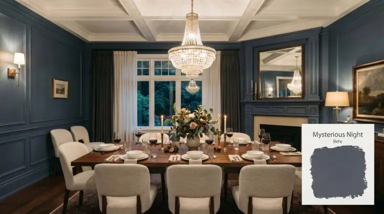 A rich walnut dining table and cream boucle chairs sit beneath a glittering glass chandelier in a formal dining room painted Behr Mysterious Night (Hex #5c6070).
