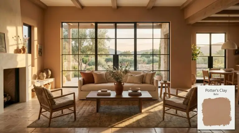 A low-profile cream linen sofa and woven seagrass chairs sit against expansive walls painted in Behr Potter's Clay (Hex #b7967f) atop tumbled travertine flooring.