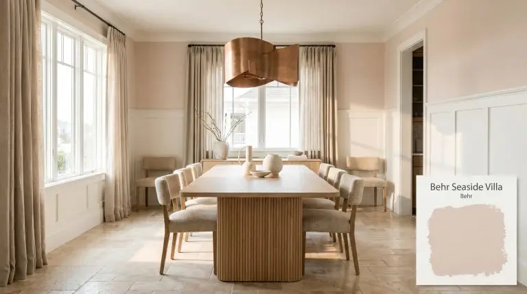 A fluted white oak dining table and brushed copper chandelier center a coastal dining room painted in Behr Seaside Villa (Hex #e9d5c9) with crisp wainscoting.