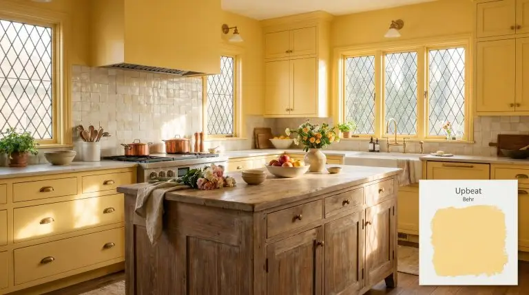 An English Cottage kitchen features walls and cabinetry painted in Behr Upbeat (Hex #ffe487), accented by unlacquered brass hardware and a bleached walnut island.