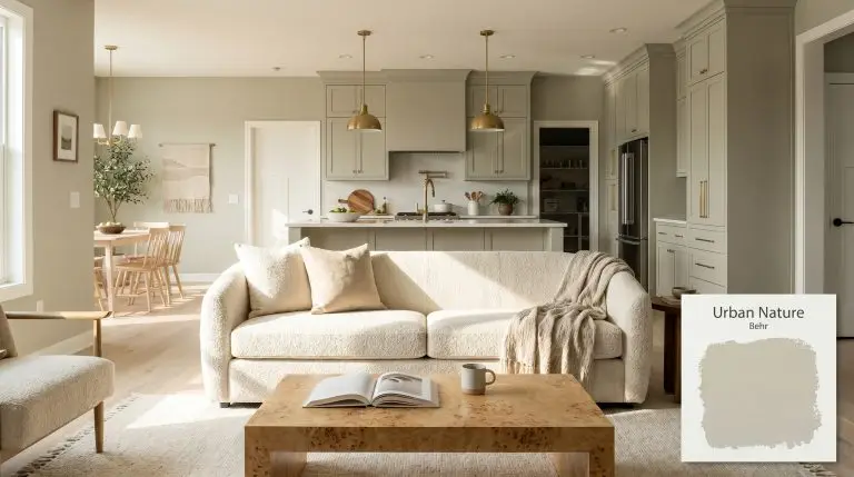 An open-concept transitional living room and kitchen painted in Behr Urban Nature (Hex #bcbfa8) features a cream bouclé sofa and bleached ash wood flooring.