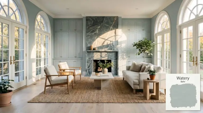 A stunning sunroom features built-in cabinetry painted in Behr Watery (Hex #aebdbb) alongside a heavily veined soapstone fireplace surround and pale birch wood flooring.