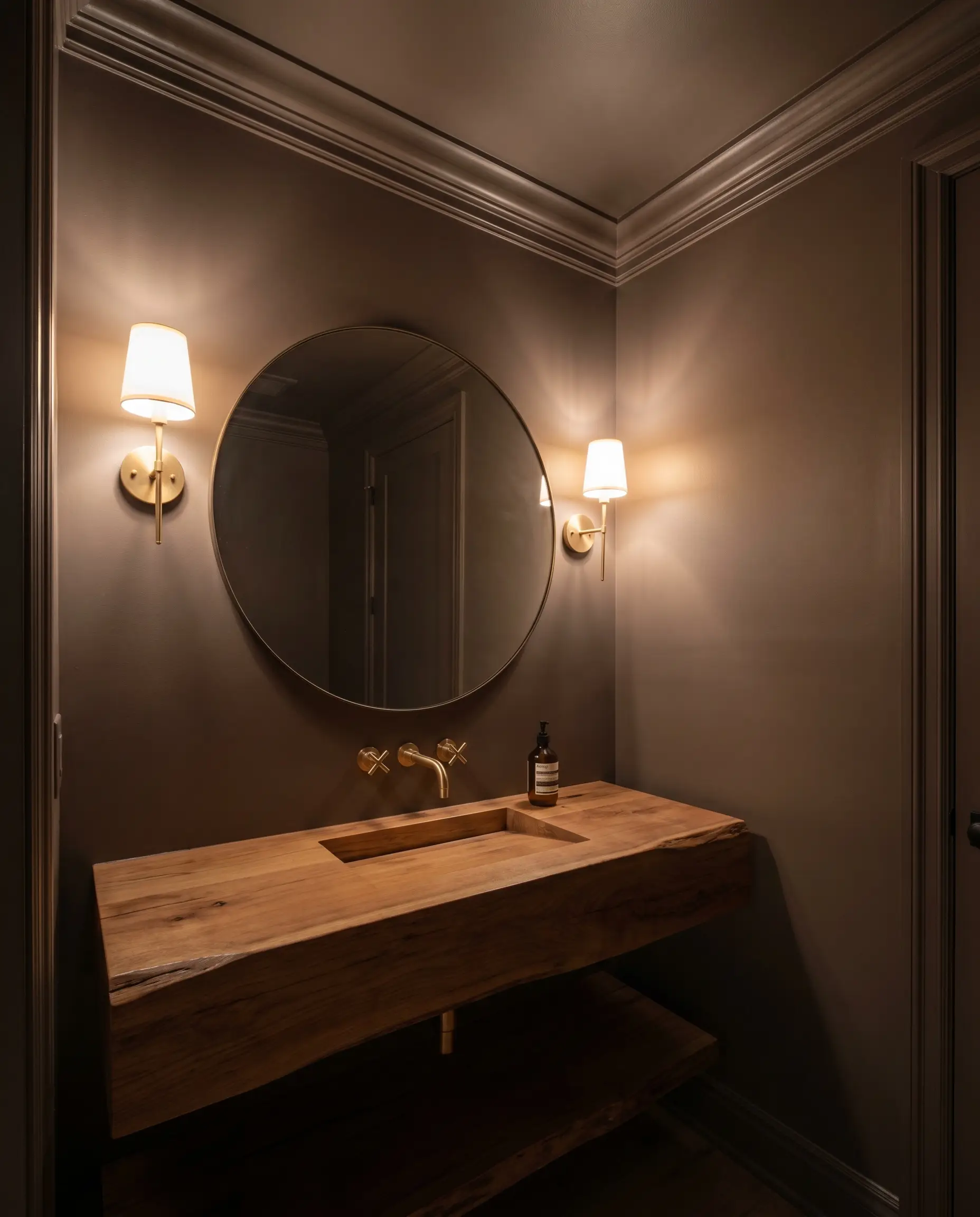 A jewel-box powder room features walls, ceiling, and trim entirely color-drenched in Behr Wild Truffle (Hex #8b7f76), complemented by a floating timber vanity and unlacquered brass plumbing fixtures.