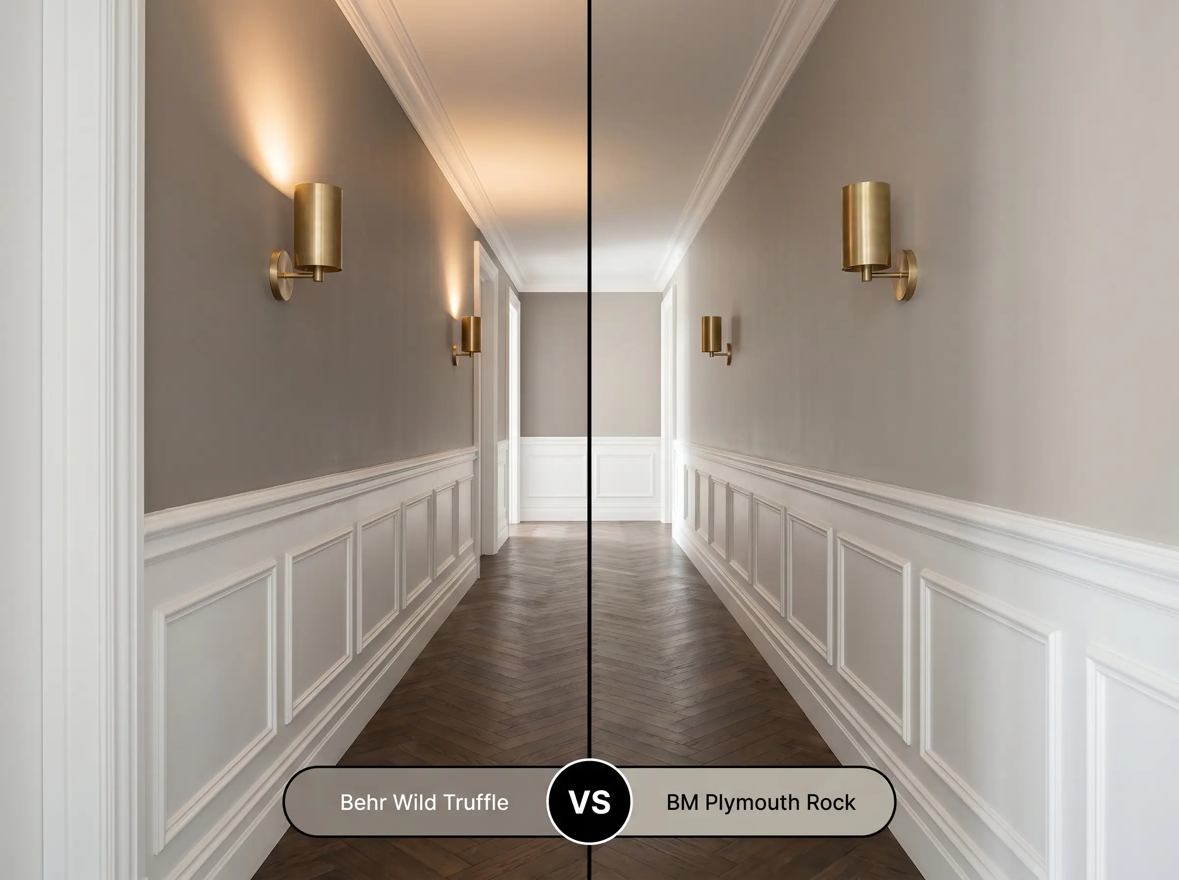 A side-by-side split-screen comparison of Behr Wild Truffle on the left and Benjamin Moore Plymouth Rock on the right, shown in a narrow hallway with classic wainscoting and herringbone wood floors.