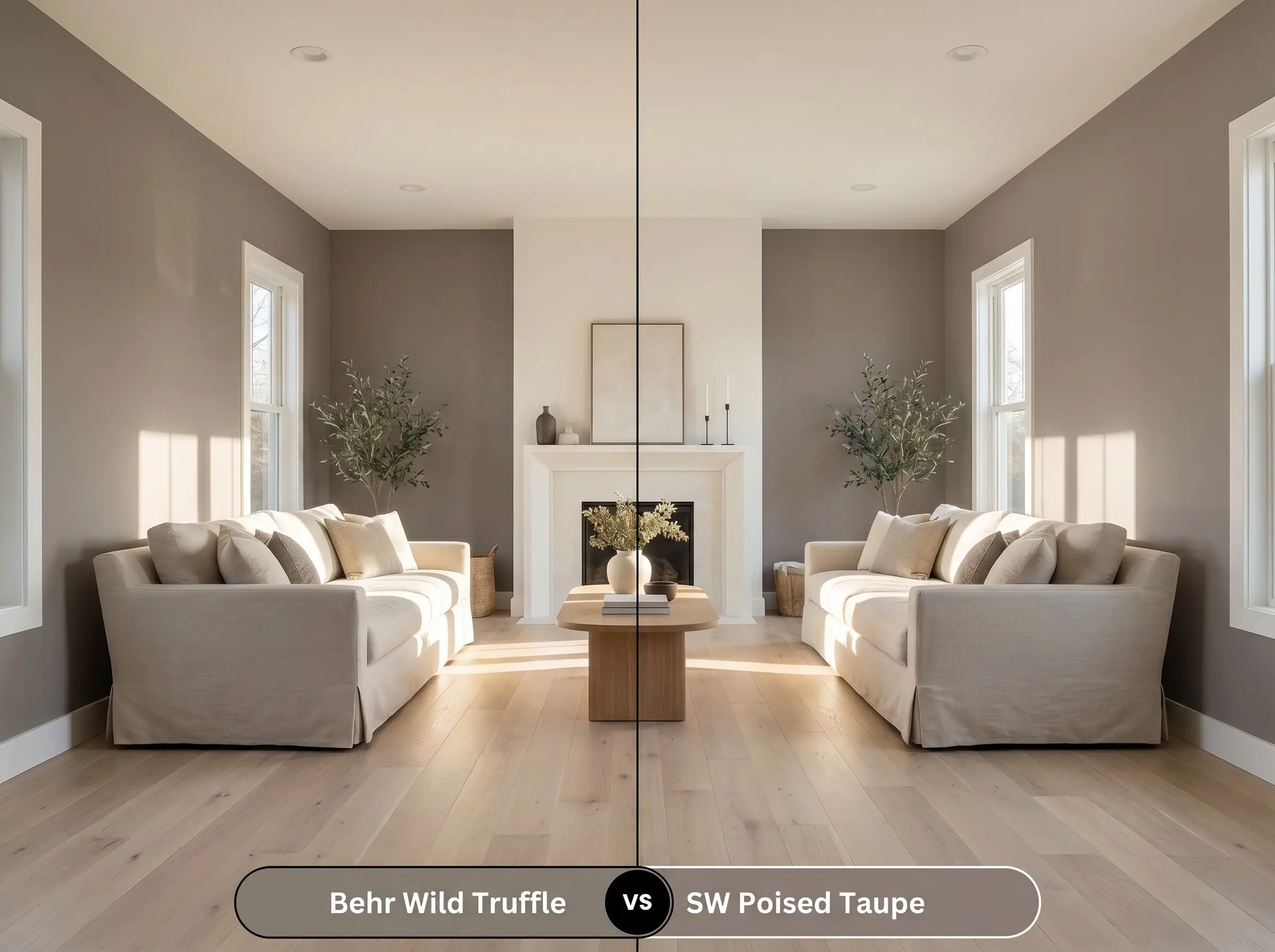 A side-by-side split-screen comparison of Behr Wild Truffle on the left and Sherwin-Williams Poised Taupe on the right, shown in a modern living room with bleached white oak floors and a slipcovered sofa.
