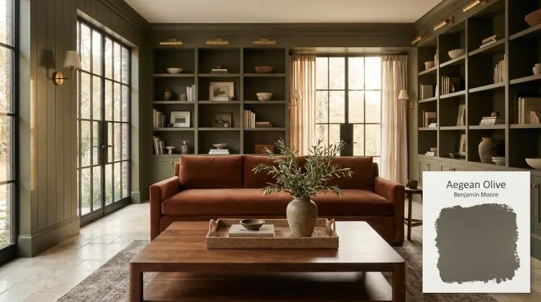 A rust-toned velvet sofa and rich walnut coffee table sit against built-in bookshelves painted in Benjamin Moore Aegean Olive (Hex #5D594C).