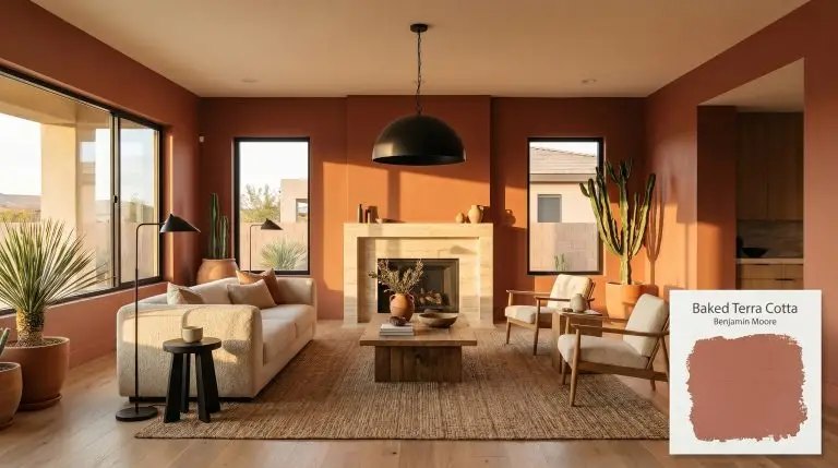 A stunning desert modern living room features walls painted in Benjamin Moore Baked Terra Cotta (Hex #B36957), natural white oak flooring, and a creamy bouclé sofa.
