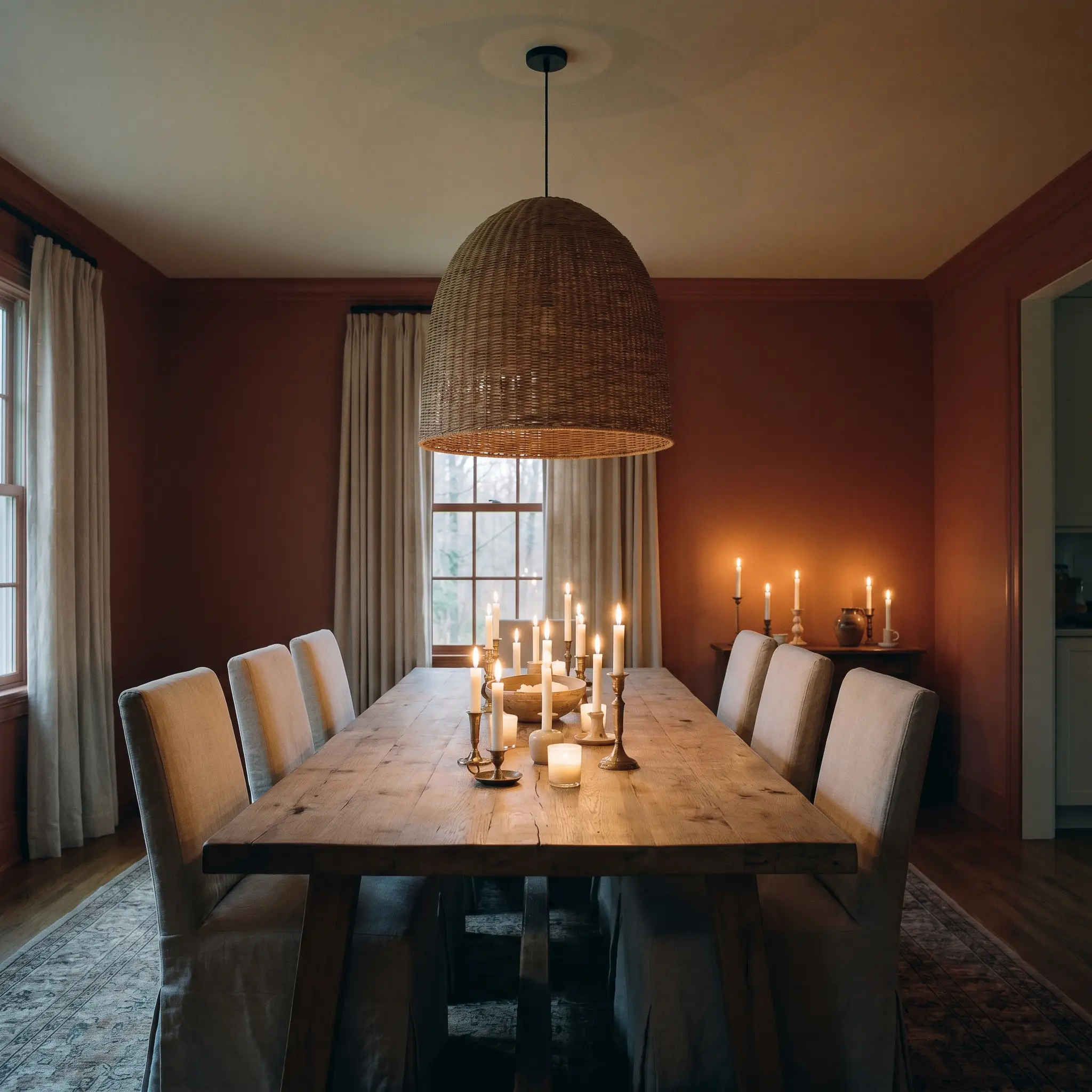 A formal English country dining room features walls fully wrapped in Benjamin Moore Baked Terra Cotta (Hex #B36957), a heavy reclaimed oak table, and slipcovered linen chairs.