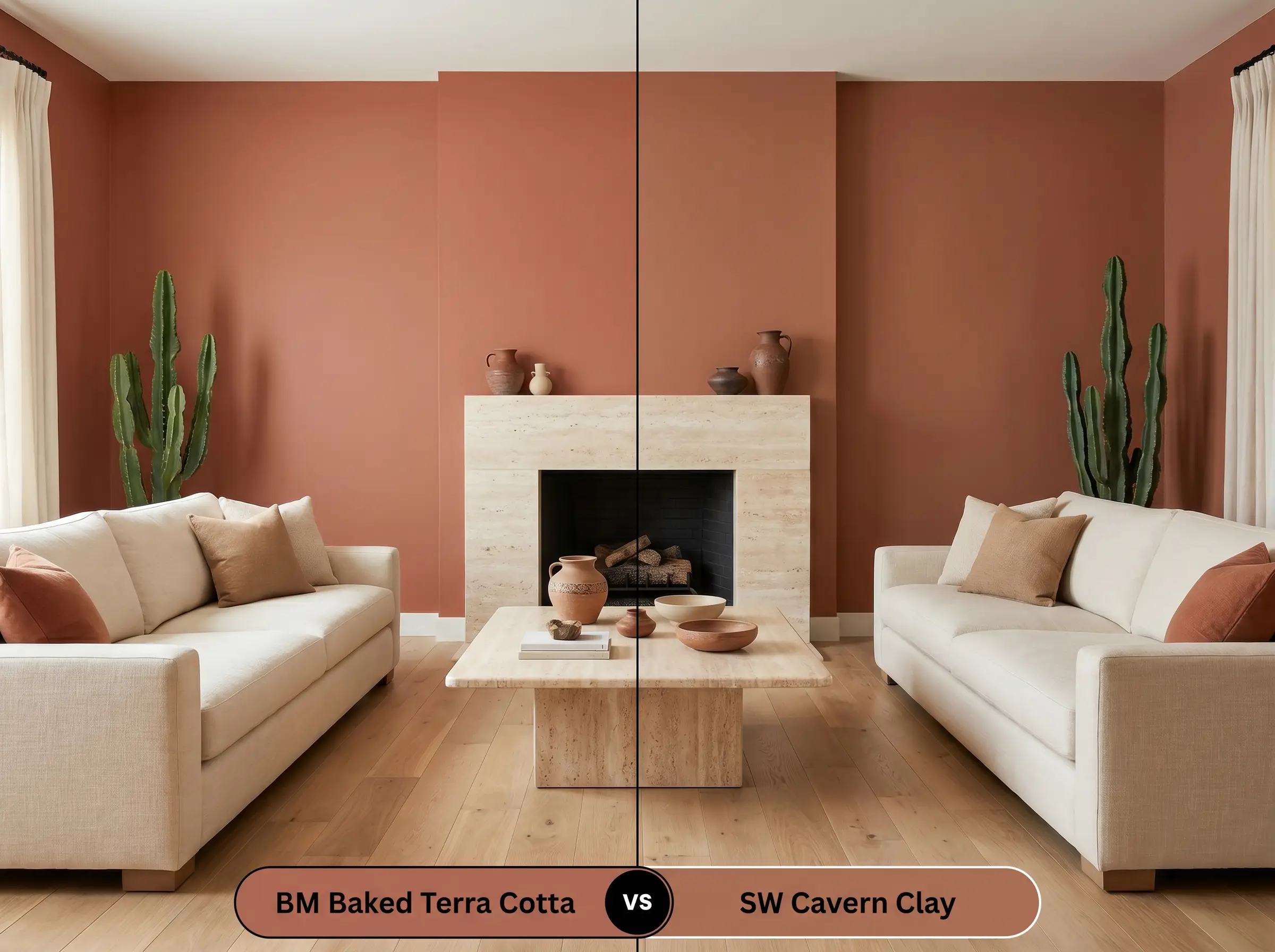 A side-by-side split-screen comparison of Benjamin Moore Baked Terra Cotta on the left and Sherwin-Williams Cavern Clay on the right, shown in a minimalist Southwestern living room.