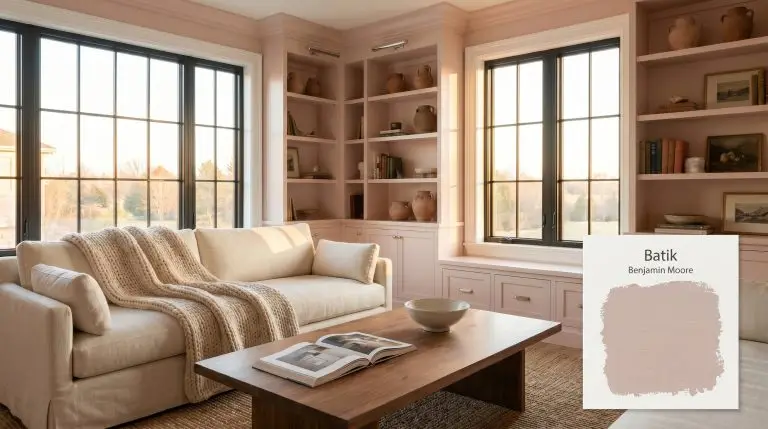 A luxurious transitional living room features built-in bookshelves painted in Benjamin Moore Batik (Hex #CCB9B5), paired with a natural walnut coffee table and plush cream sofa.