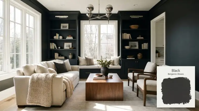 Custom built-in bookshelves and walls painted in Benjamin Moore Black (Hex #313132) frame a rich walnut veneer coffee table and cream linen sofa.
