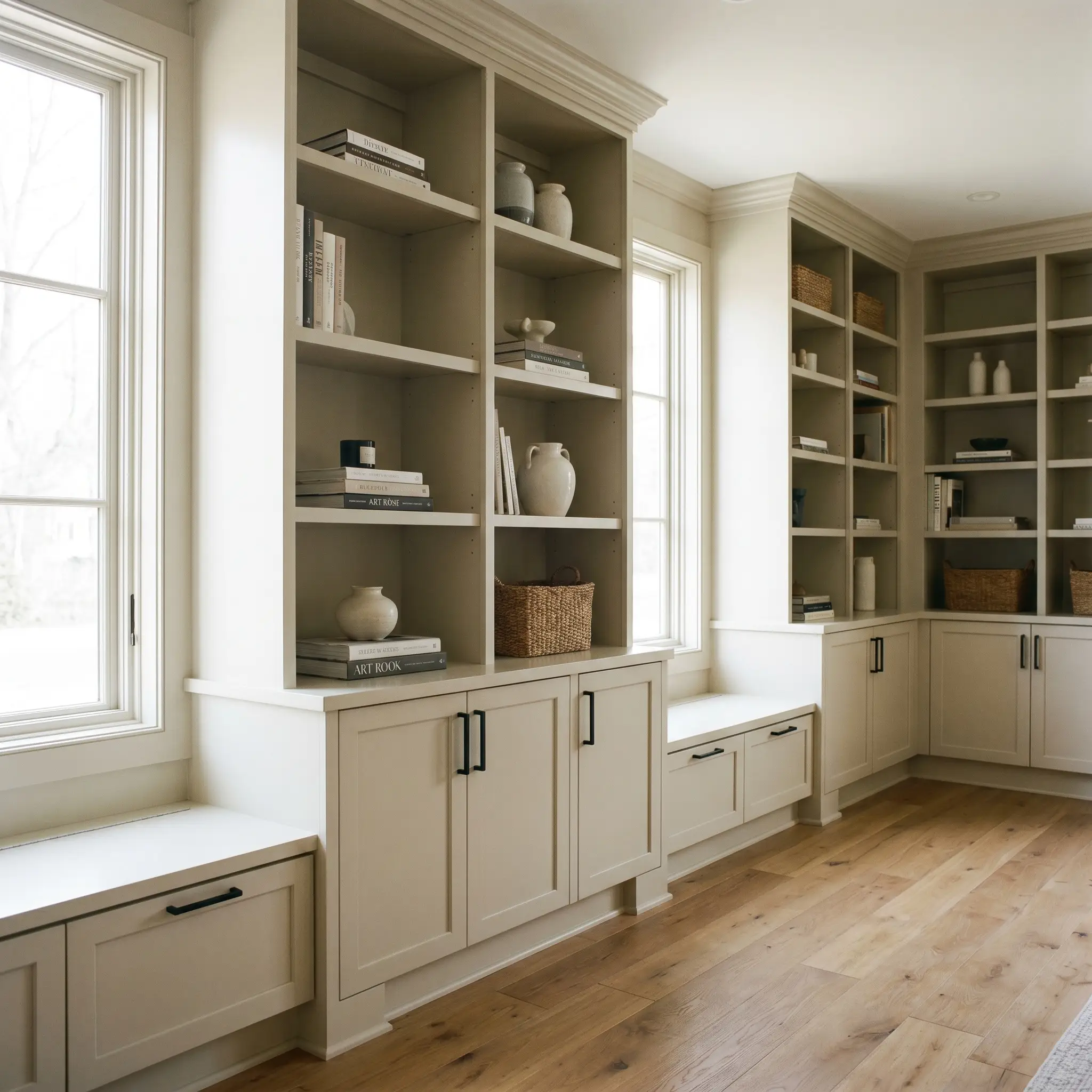 Extensive millwork and library cabinetry painted in a warm transitional neutral feature varied recesses and sleek matte black hardware.
