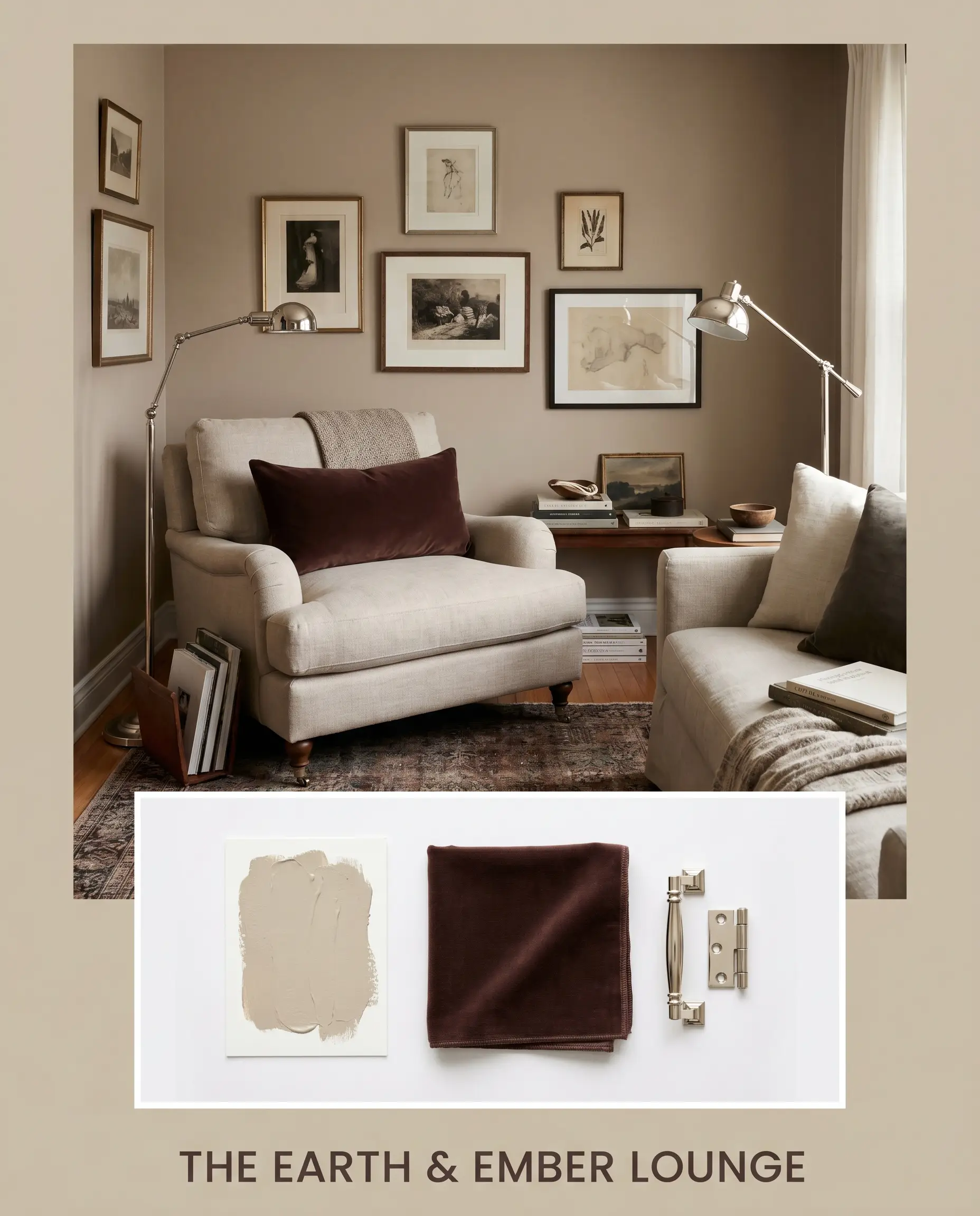 An editorial concept board for an inviting lounge pairs mid-tone buff walls with heavy dark velvet fabric and polished nickel hardware.