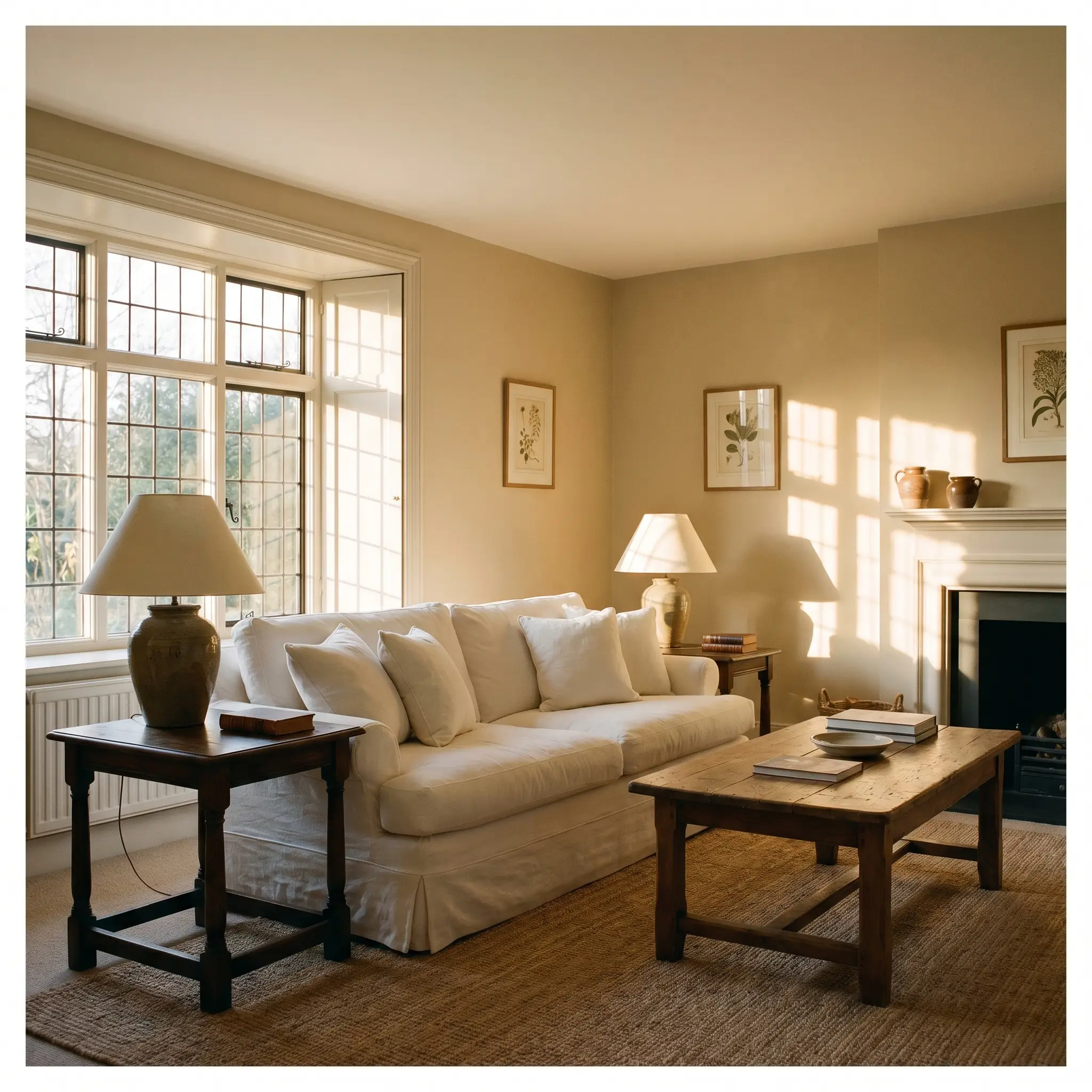 A slipcovered white linen sofa and vintage dark-stained oak side tables sit inside a traditional living room with mid-tone buff walls.