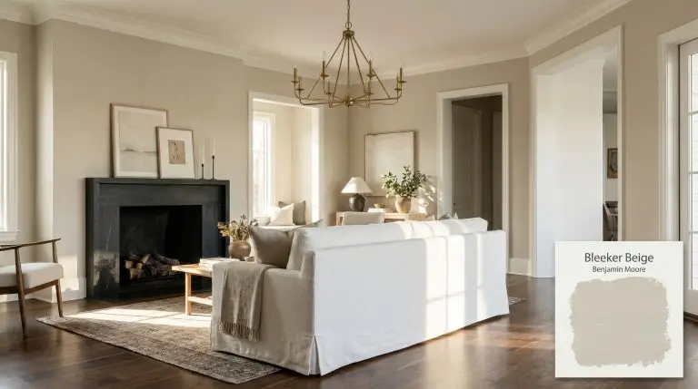 A transitional living room painted in Benjamin Moore Bleeker Beige (Hex #CDC0A8) features dark walnut hardwood floors, a white linen sofa, and a black soapstone fireplace.