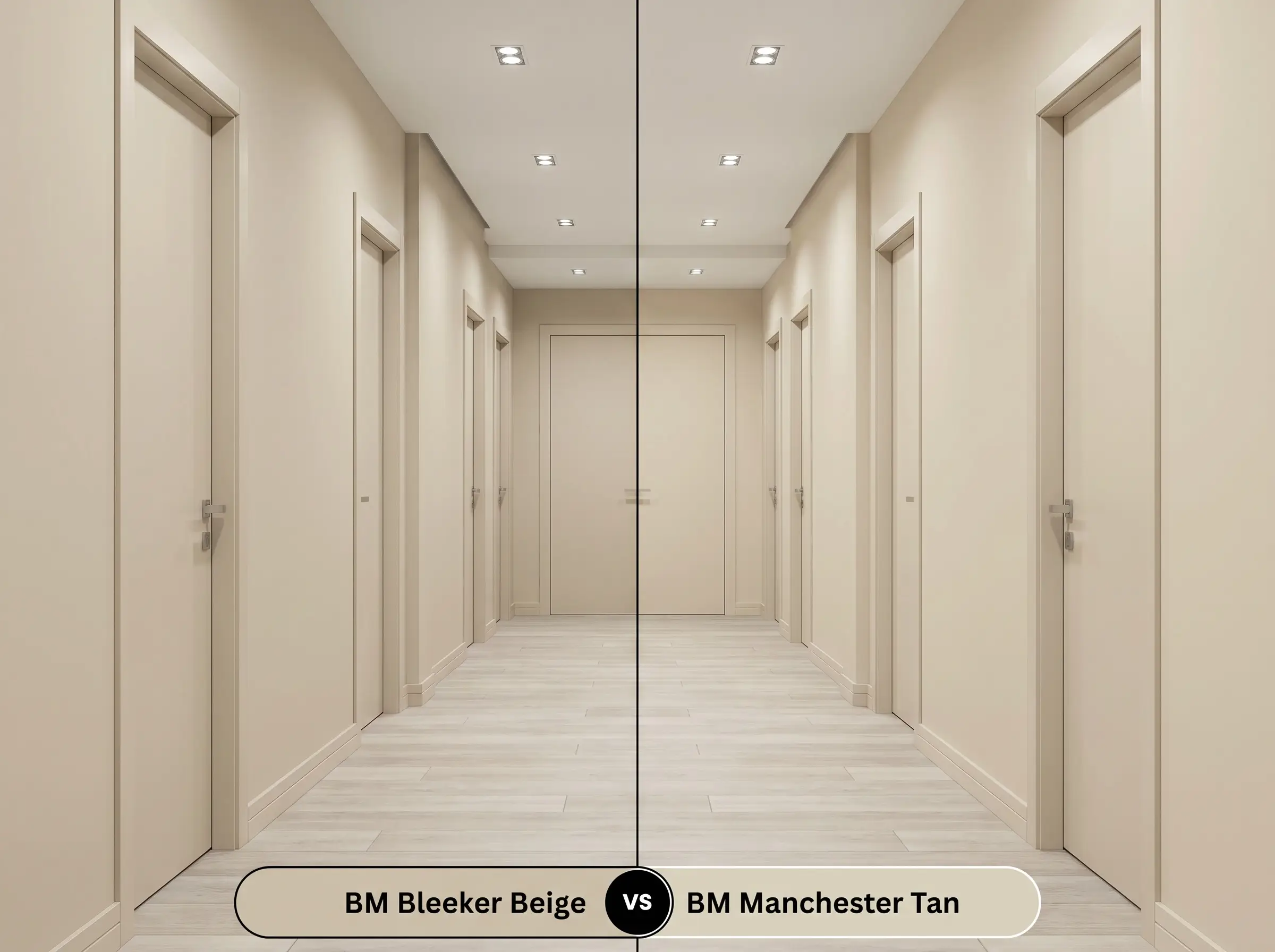 A side-by-side split-screen comparison of Benjamin Moore Bleeker Beige on the left and Benjamin Moore Manchester Tan on the right, shown in an enclosed minimalist hallway.