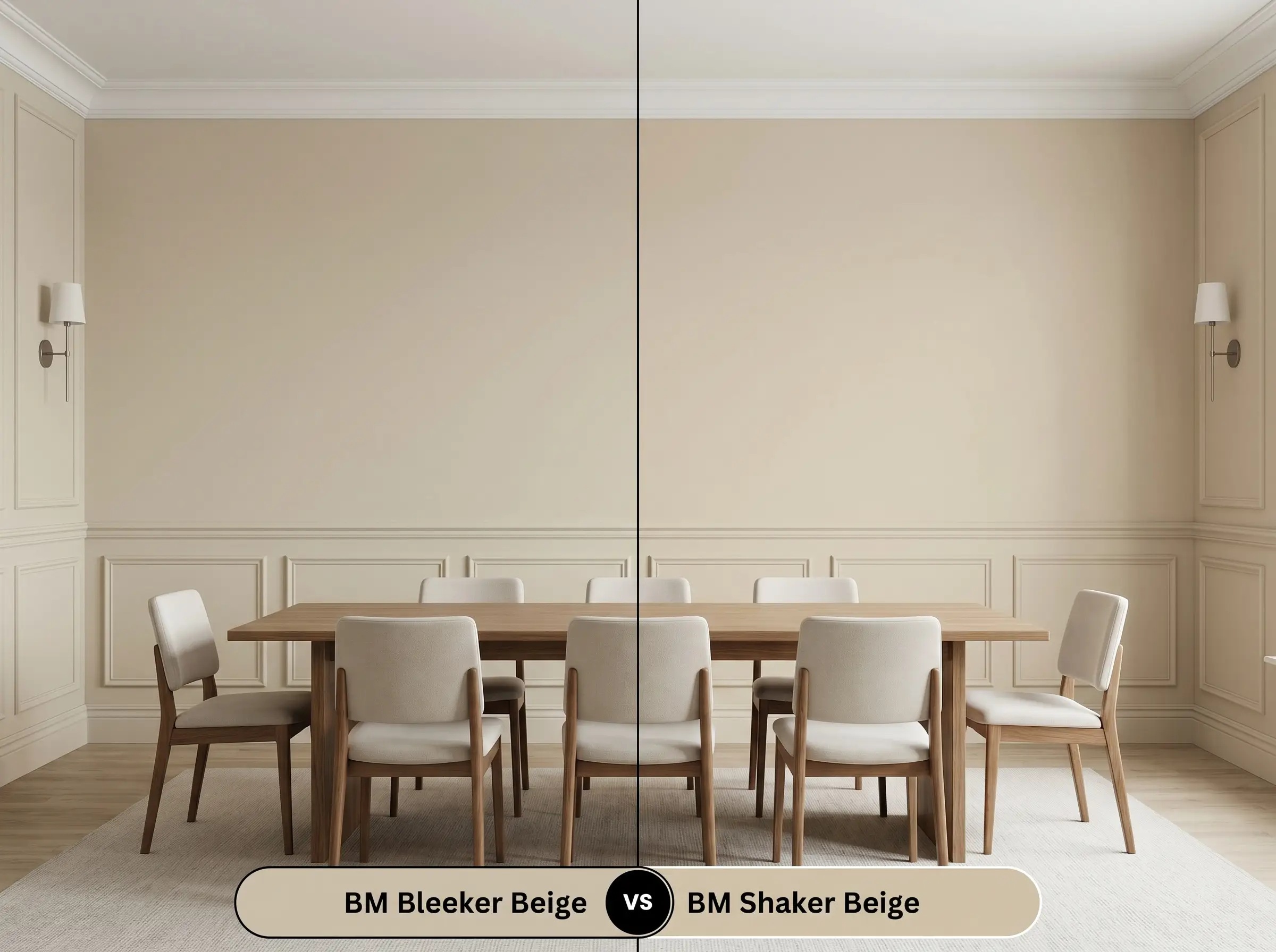 A side-by-side split-screen comparison of Benjamin Moore Bleeker Beige on the left and Benjamin Moore Shaker Beige on the right, shown in a transitional dining room with wainscoting.