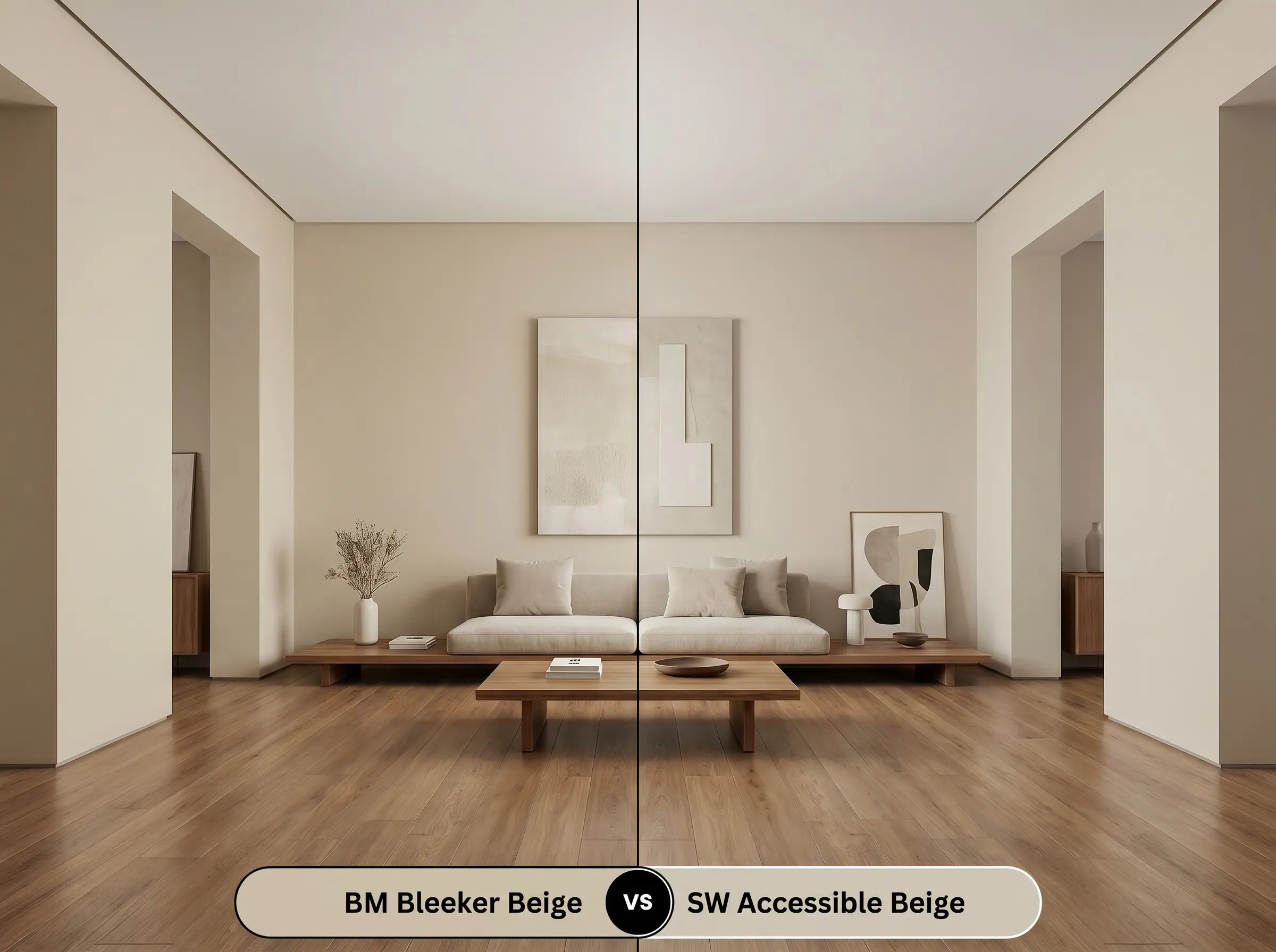 A side-by-side split-screen comparison of Benjamin Moore Bleeker Beige on the left and Sherwin-Williams Accessible Beige on the right, shown in a modern living room with warm wood floors.
