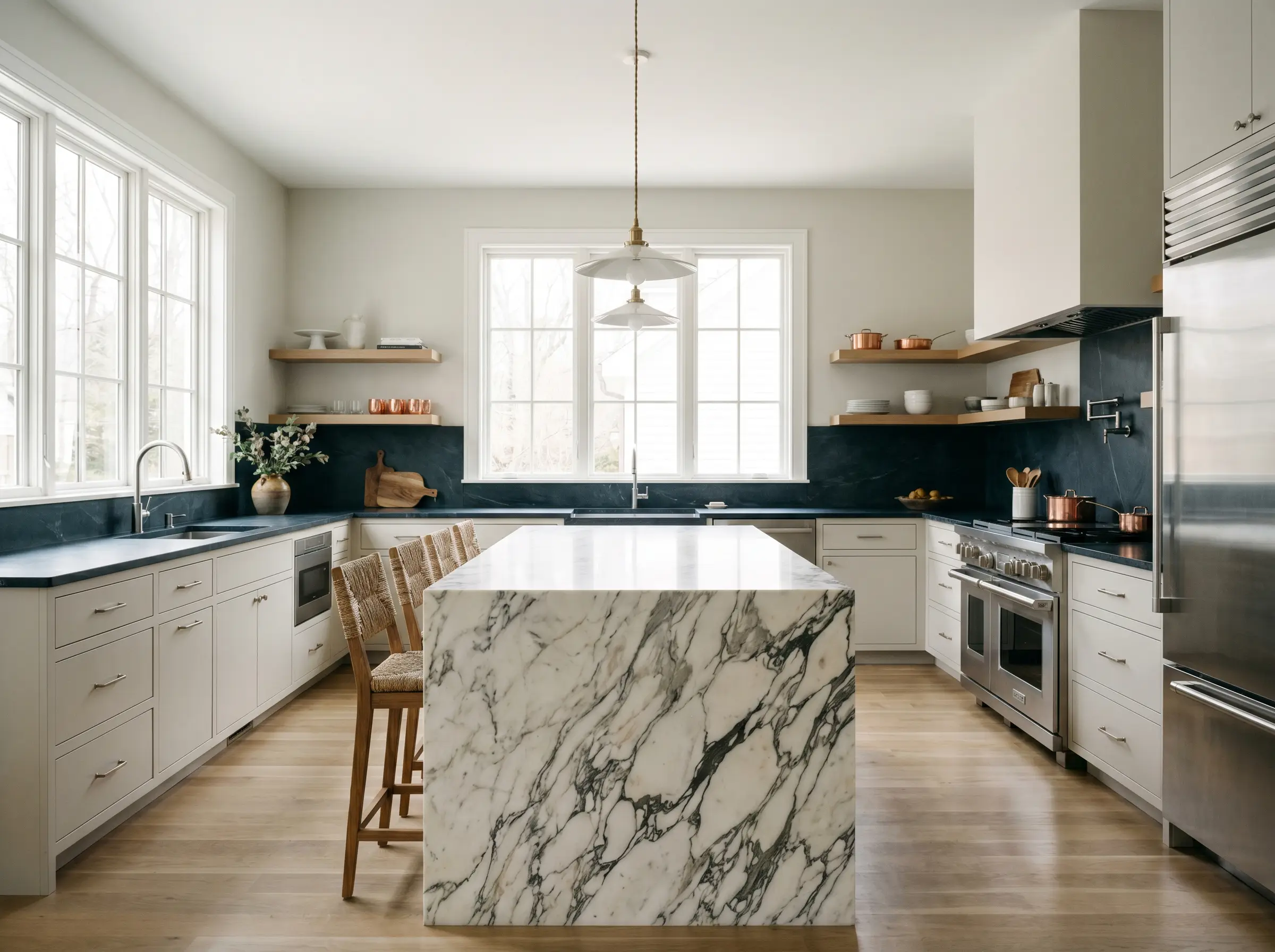 A heavily veined marble island and dark moody soapstone counters define a sophisticated kitchen painted in Benjamin Moore Classic Gray (Hex #E3E0D7).