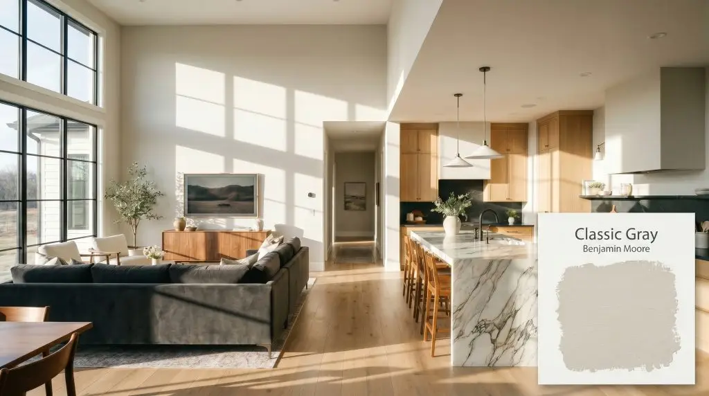 An expansive open-concept living and kitchen area painted in Benjamin Moore Classic Gray (Hex #E3E0D7) features a plush charcoal velvet sofa and a heavily veined marble island.