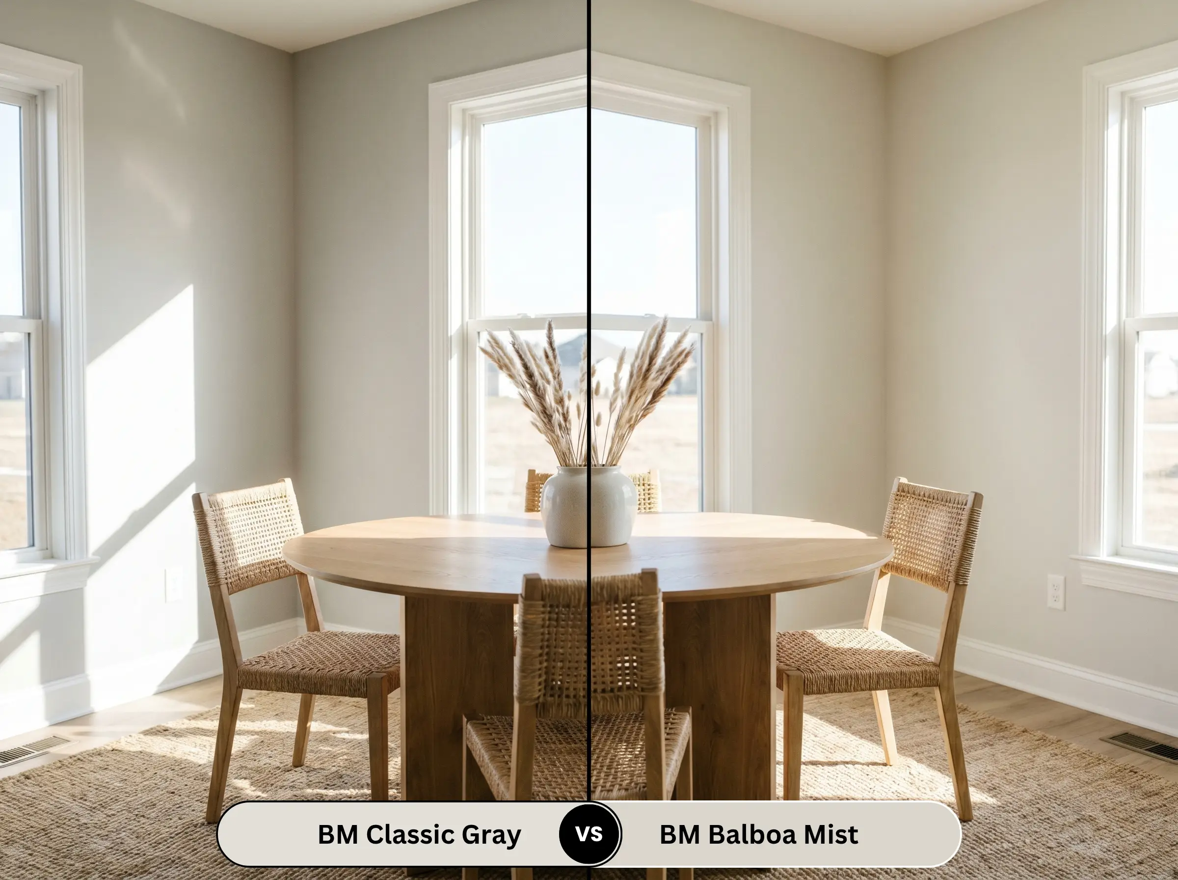 A side-by-side split-screen comparison of Benjamin Moore Classic Gray on the left and Benjamin Moore Balboa Mist on the right, shown in a sunlit breakfast nook with a round light oak table.