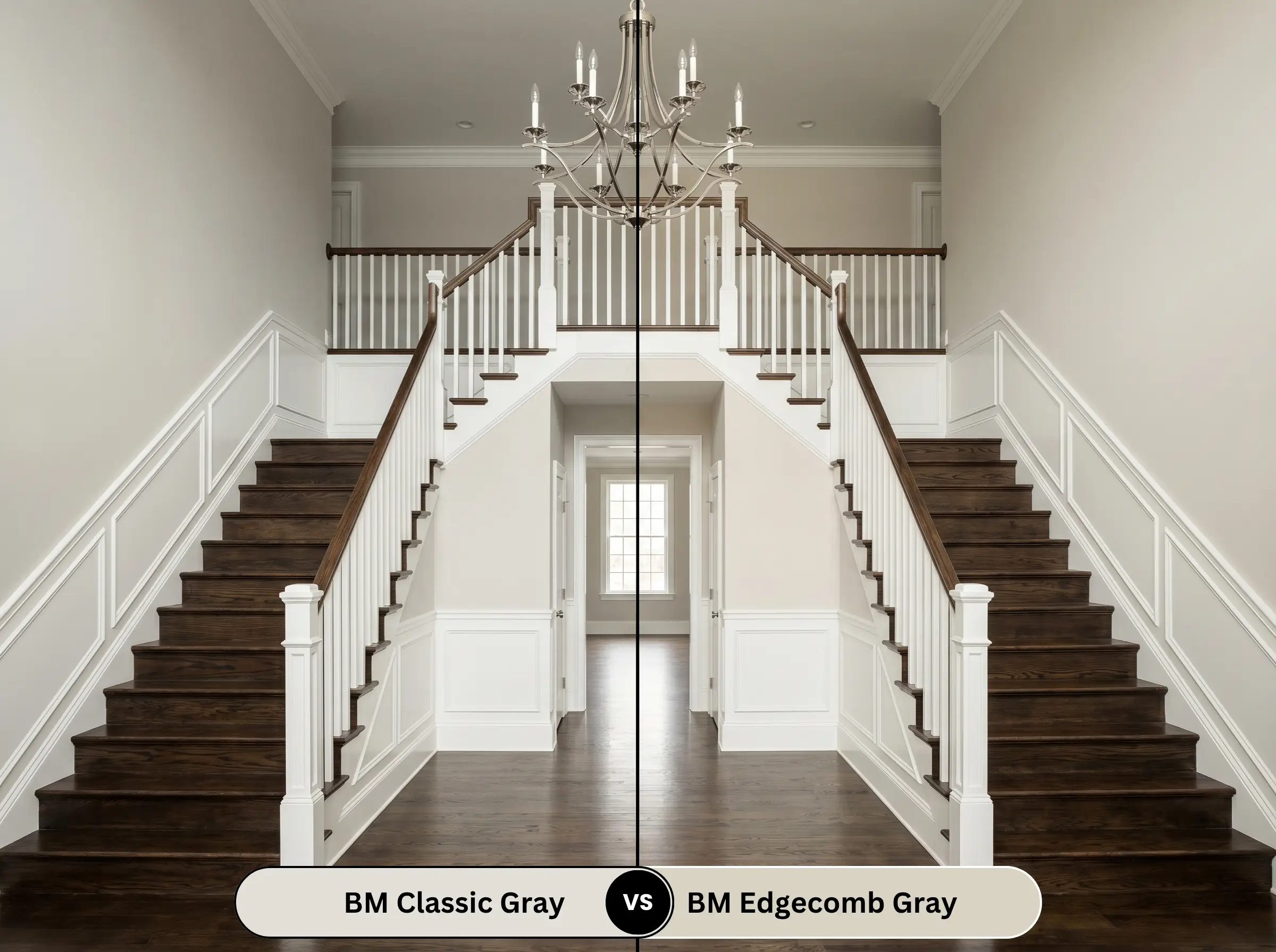 A side-by-side split-screen comparison of Benjamin Moore Classic Gray on the left and Benjamin Moore Edgecomb Gray on the right, shown in a grand entryway staircase with a polished nickel chandelier.
